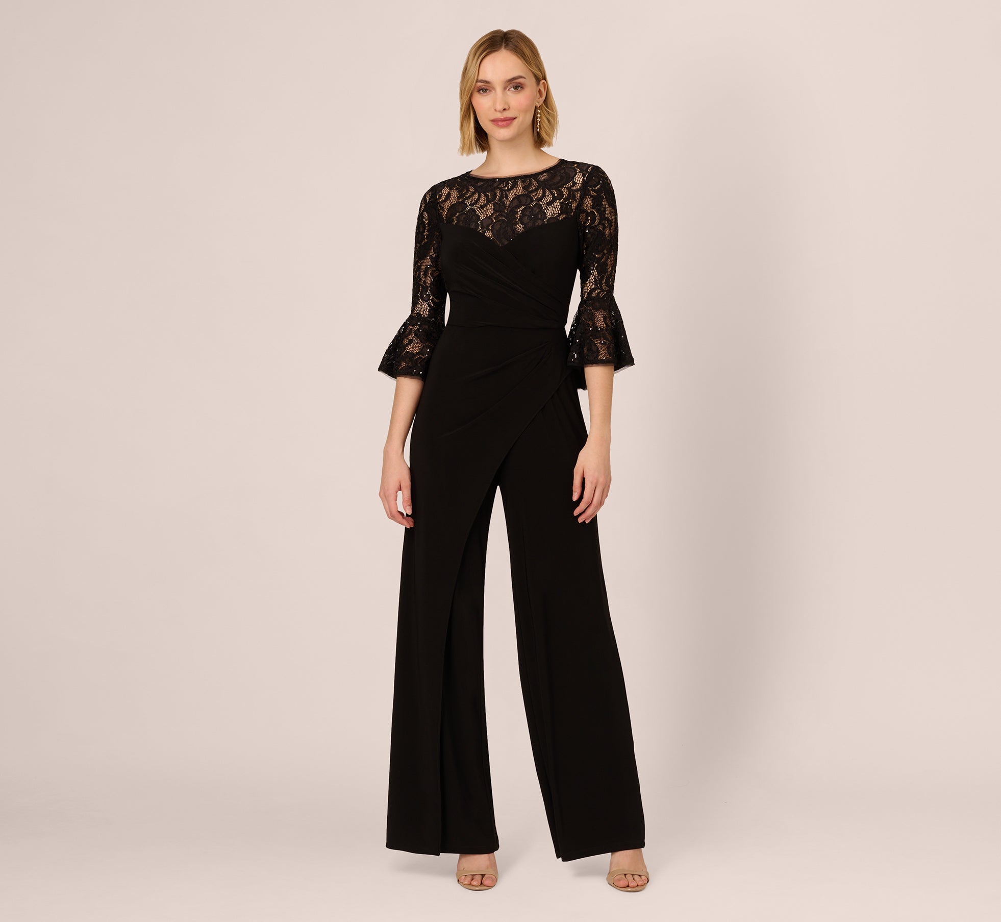 Wide Leg Jersey Jumpsuit With Sheer Lace Bell Sleeves In Black、mySite、solidvoid