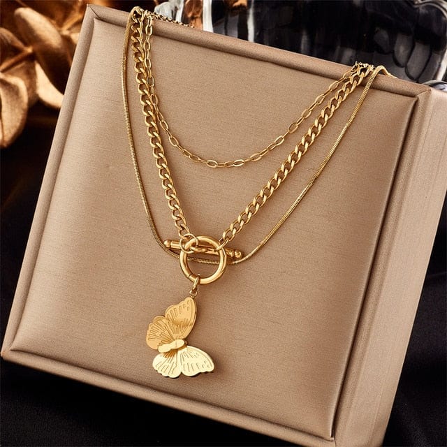 Waterproof Necklaces Dragonfly, Sunflower, Double Strands, Stainless Steel Gold PVD、mySite、g9winljtr