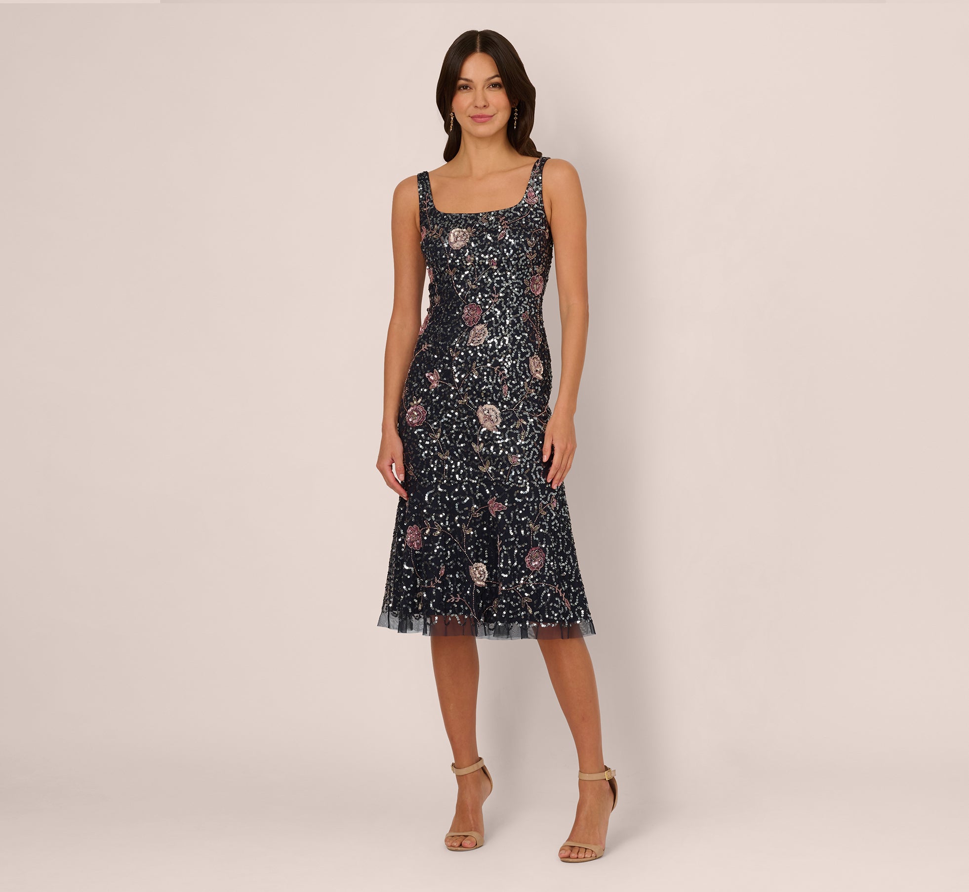Sleeveless Sequin Floral Beaded Midi Dress In Navy Pink Multi、mySite、solidvoid