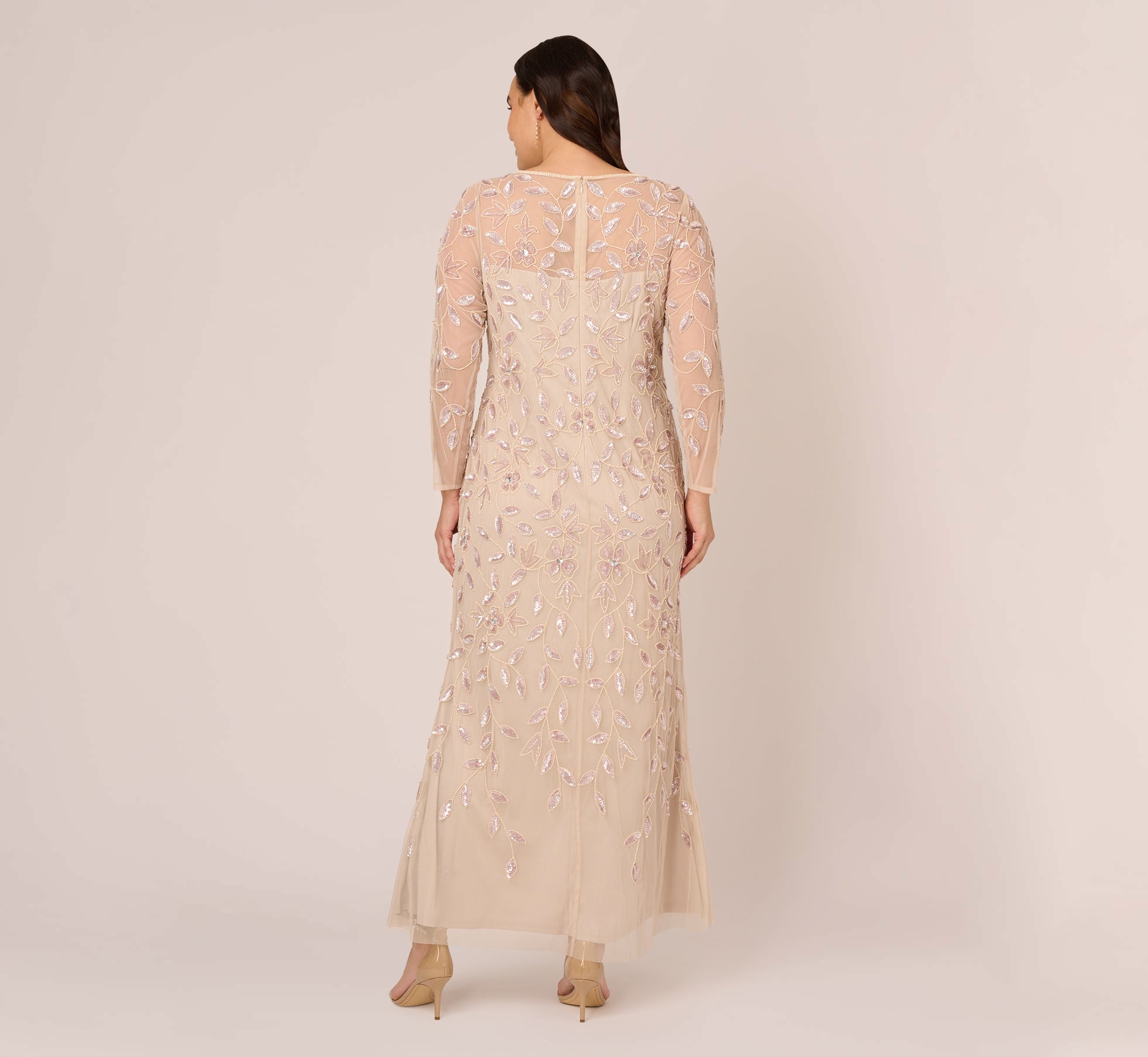 Plus Size Illusion Floral Beaded Gown With Sheer Long Sleeves In Latte、mySite、solidvoid