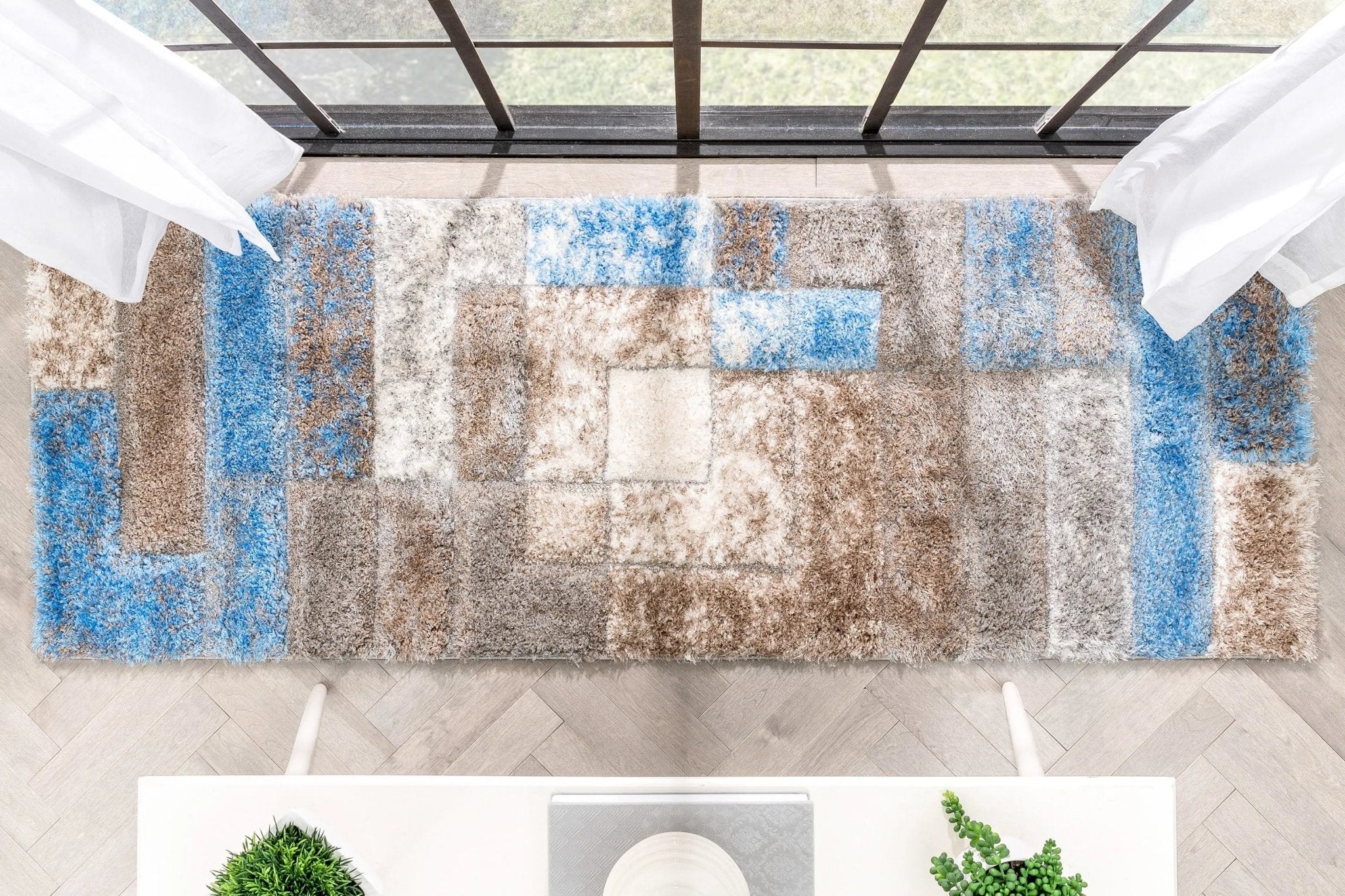 Kenzo Retro Geometric Pattern 3D Textured Shag Grey Light Blue Rug、mySite、gigharbornorthrealestate