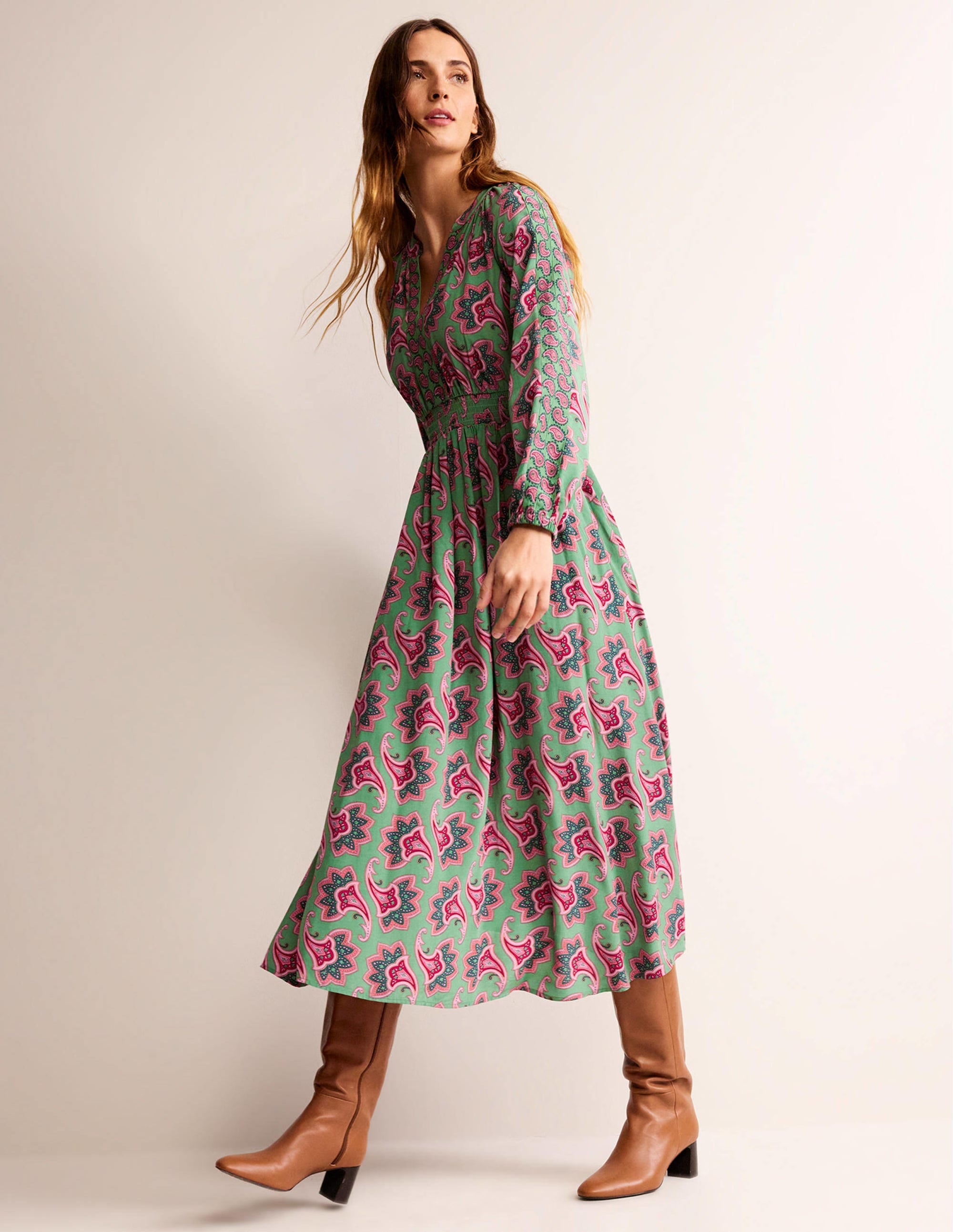  Border Print Raglan Midi Dress-Green, Paisley Amaryllis、mySite、ashleygrahame