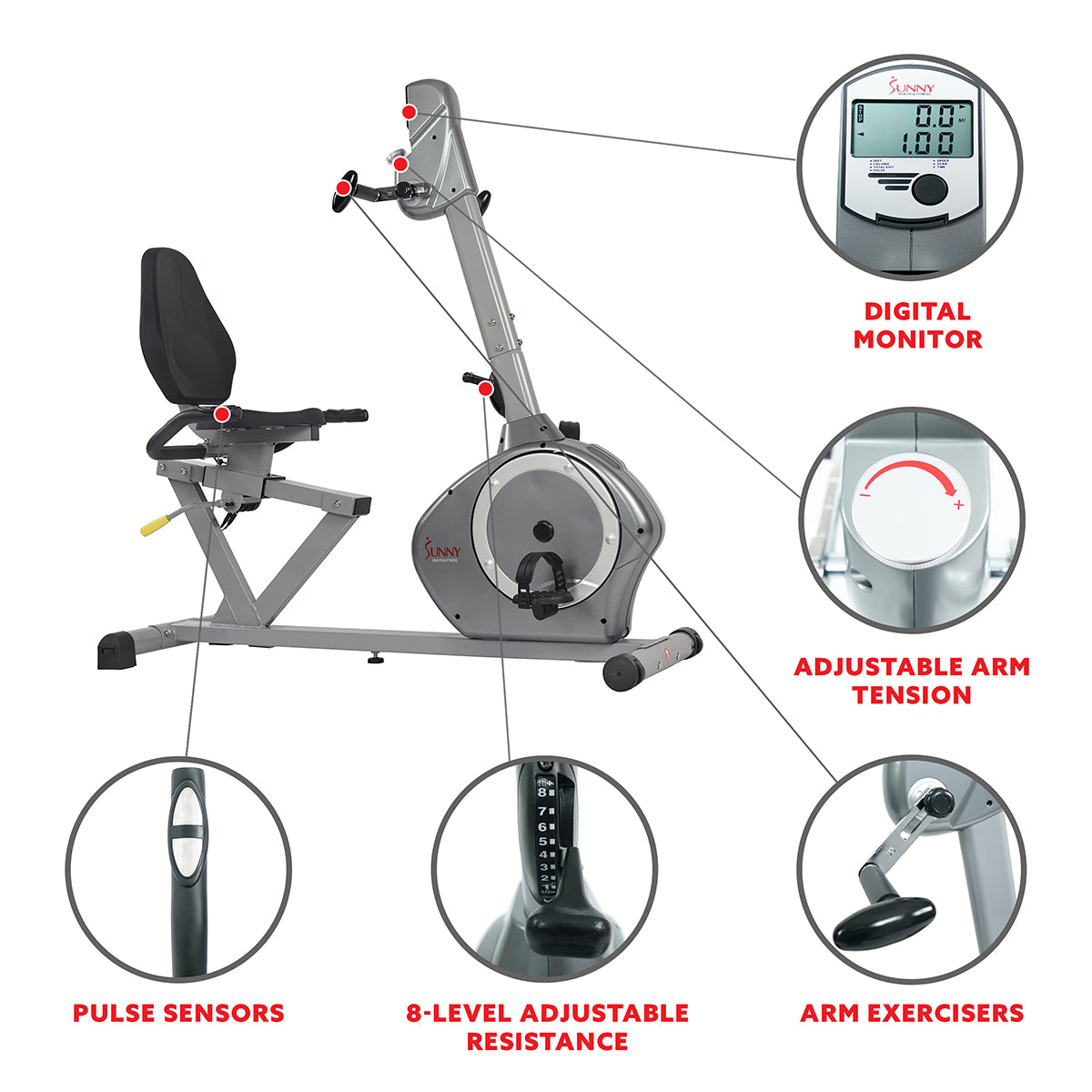  Magnetic Recumbent Exercise Bike with Moving Arms Exerciser w/ 350 LB High Weight Capacity、mySite、ghnorth
