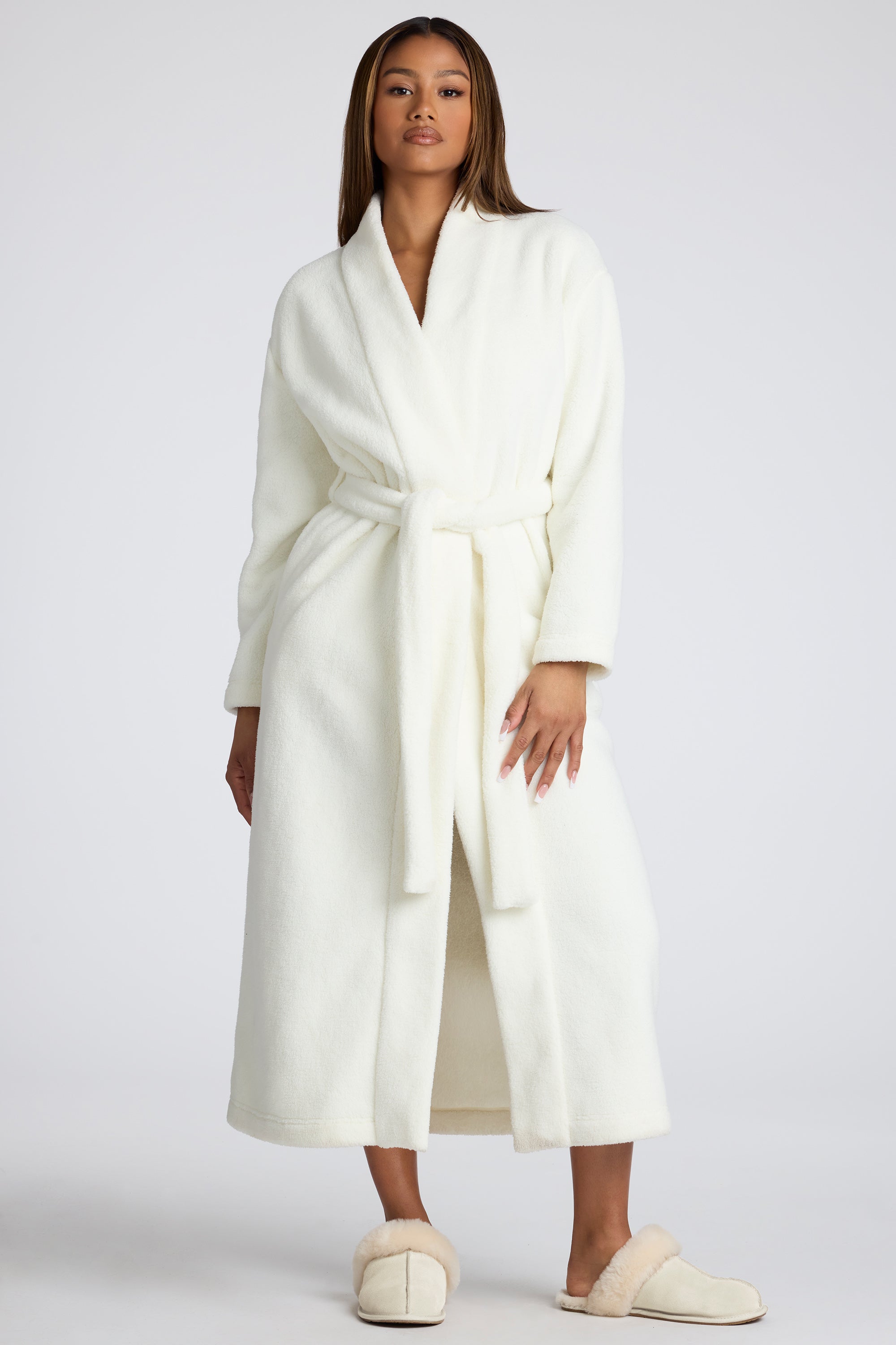 Tie Front Fleece Robe in White、mySite、solidvoid