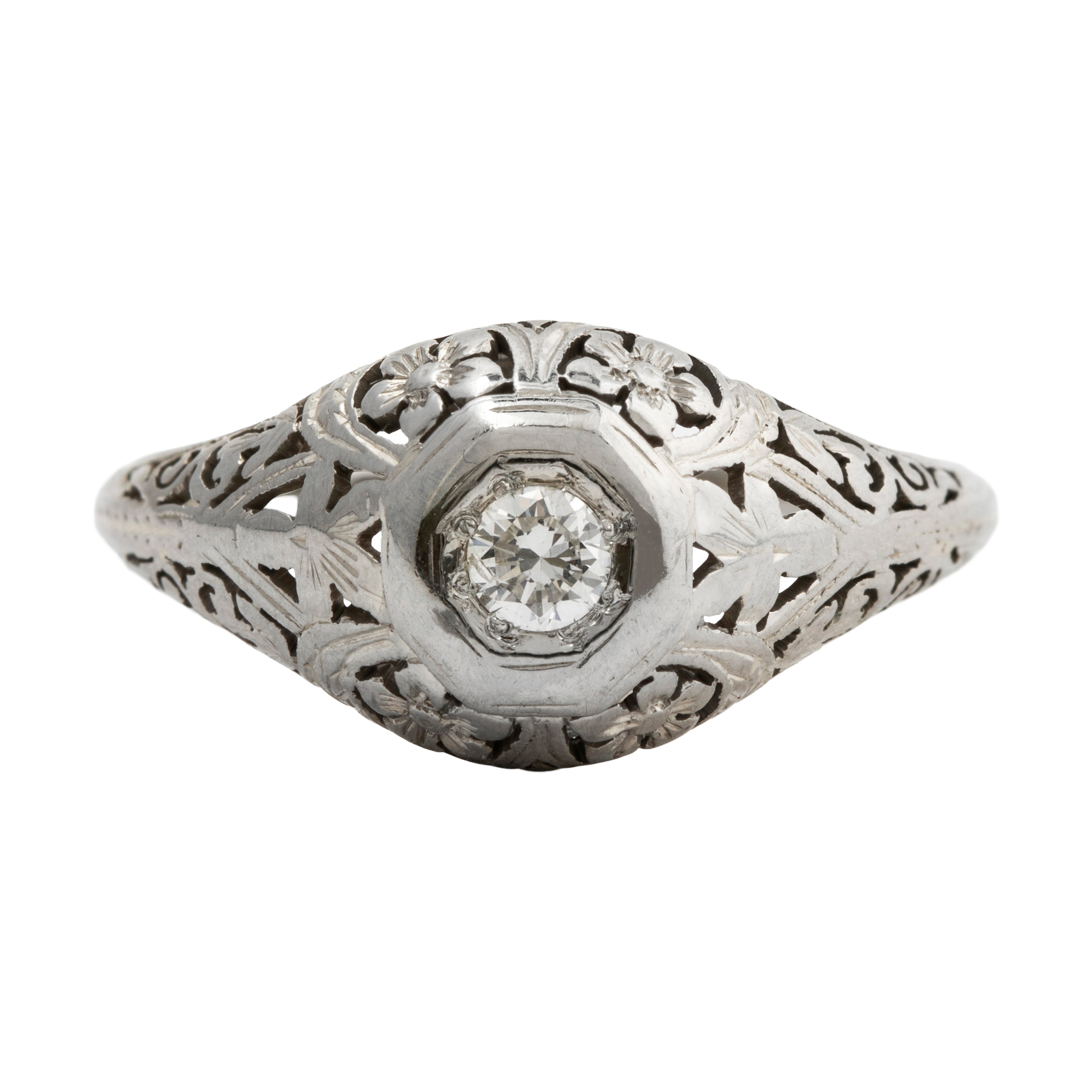 Antique Art Deco 18k White Gold Diamond Openwork Floral Filigree Ring 6.25、mySite、hinf8tx79