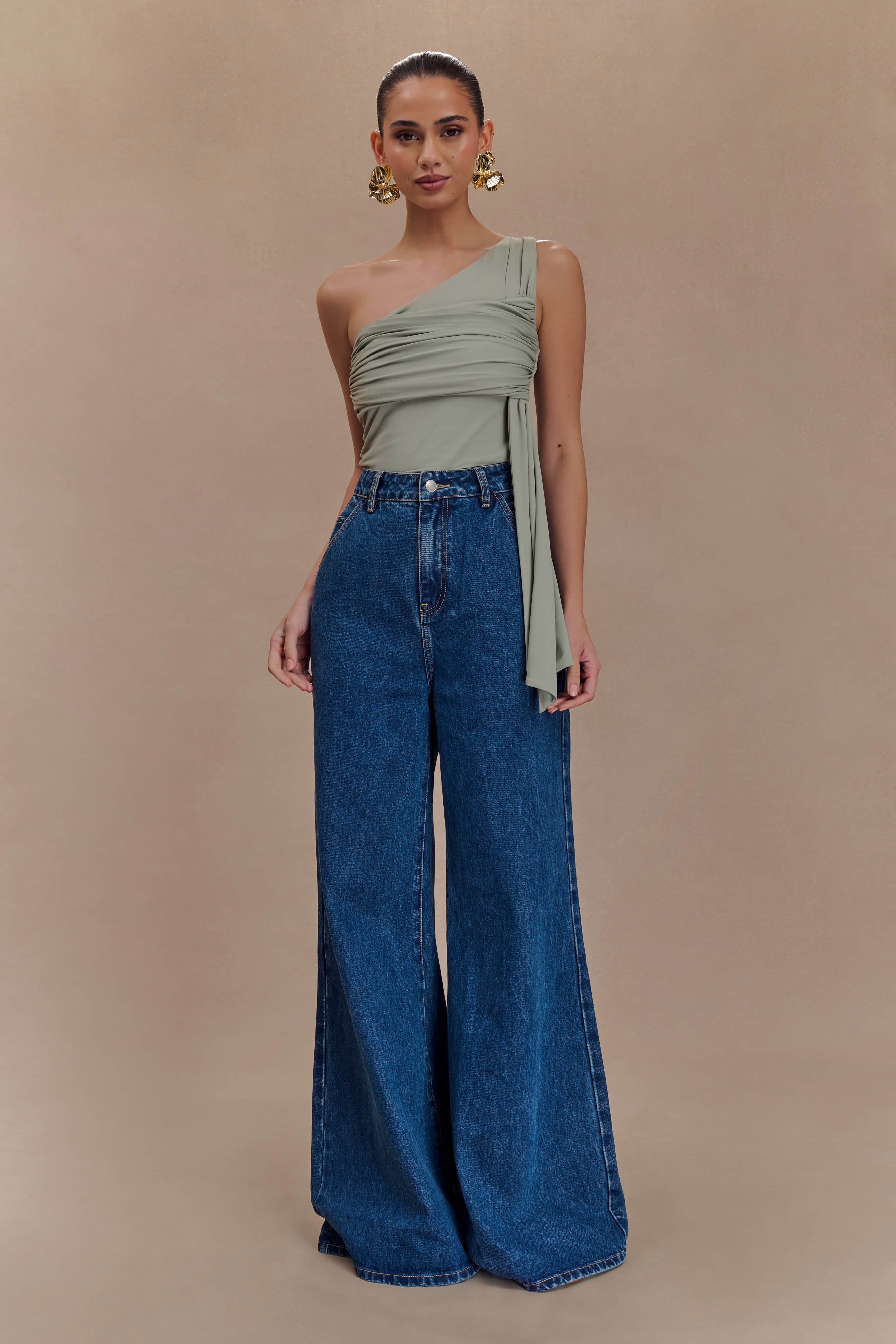 Sera One Shoulder Recycled Nylon Top With Drape - Basil、mySite、solidvoid