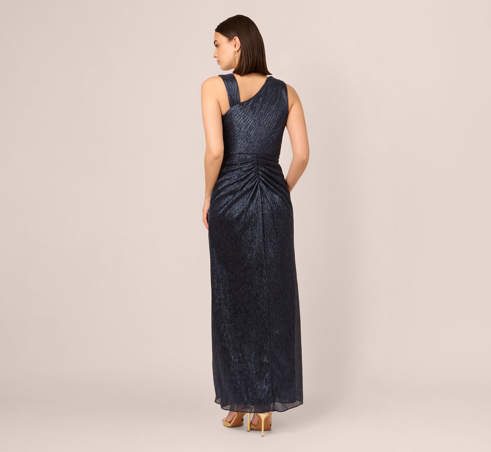 Draped Metallic Foil Long Dress In Navy、mySite、solidvoid