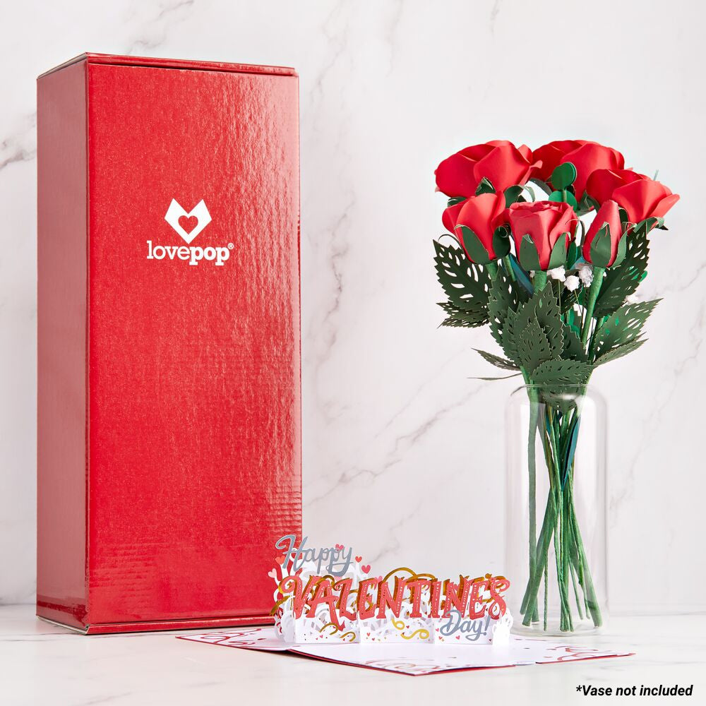 Handcrafted Paper Flowers: Red Roses (6 Stems) with Happy Valentine's Day Pop-Up Card、mySite、solidvoid