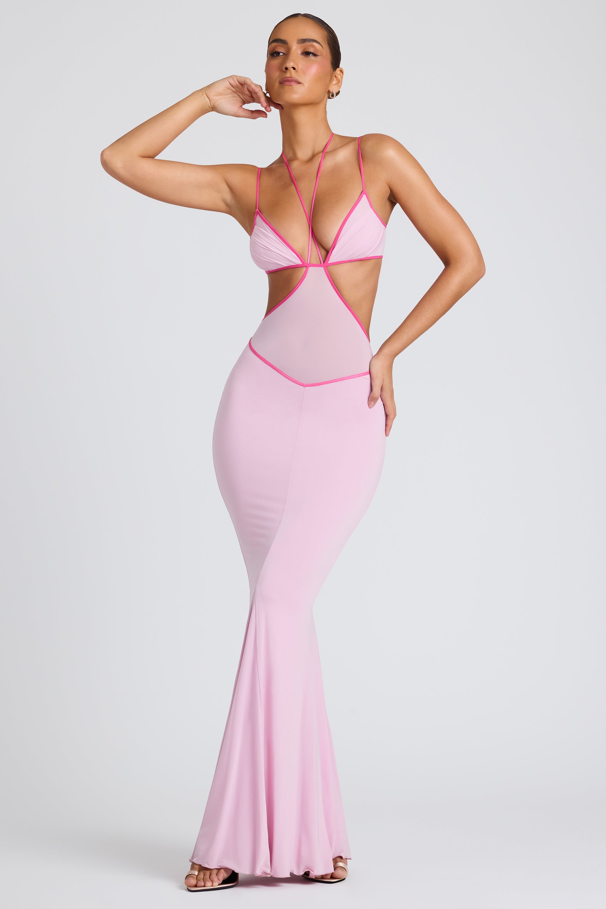 Contrast Binding Cut Out Evening Gown in Soft Pink、mySite、solidvoid