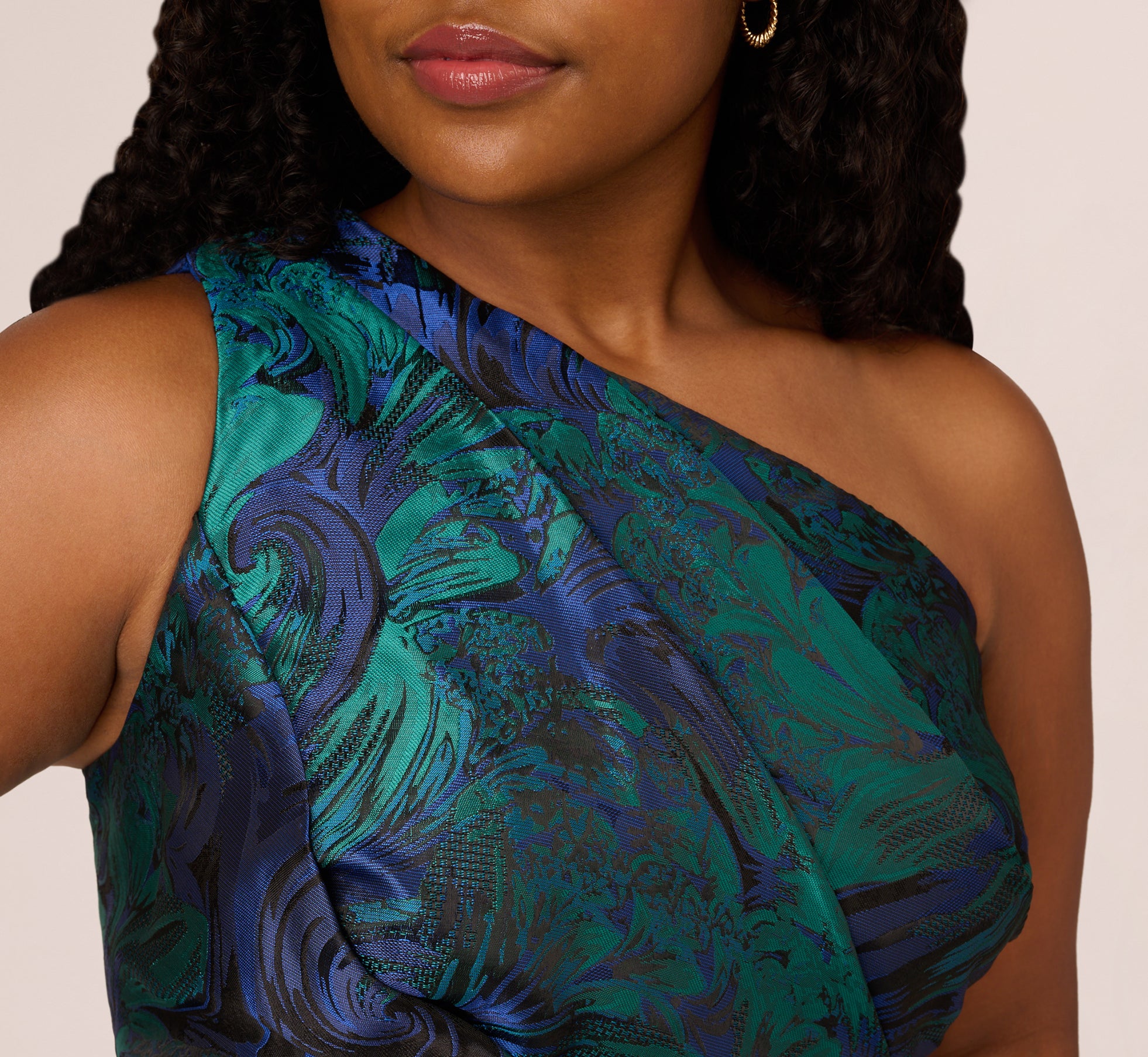 Plus Size One Shoulder Jacquard Mermaid Gown With Drape Detail In Cobalt Teal、mySite、solidvoid