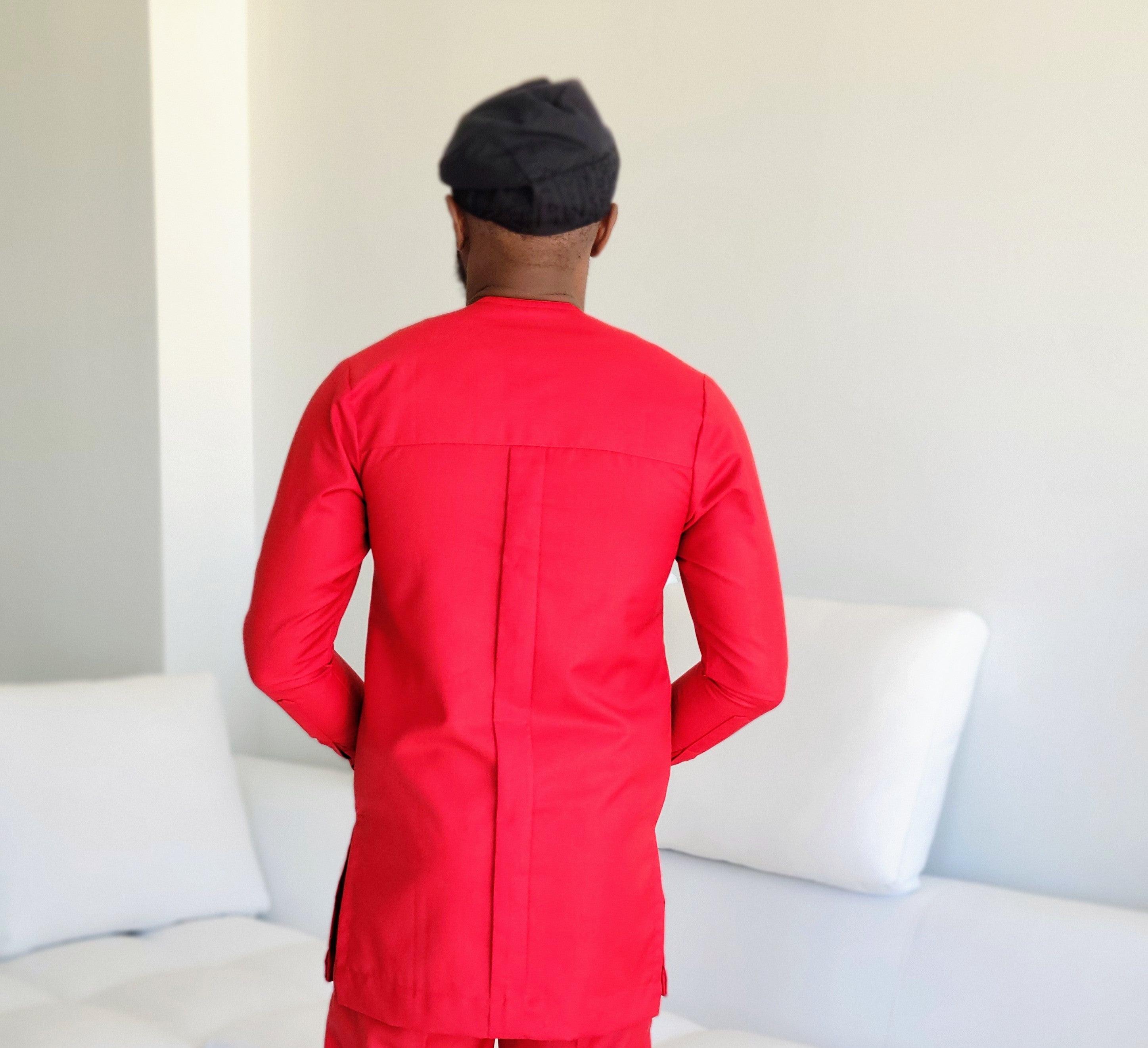 Dupsie's Akintoye Elegance Red Embroidered Dashiki Senator Shirt with plain draw string pants DPASRB43、mySite、solidvoid