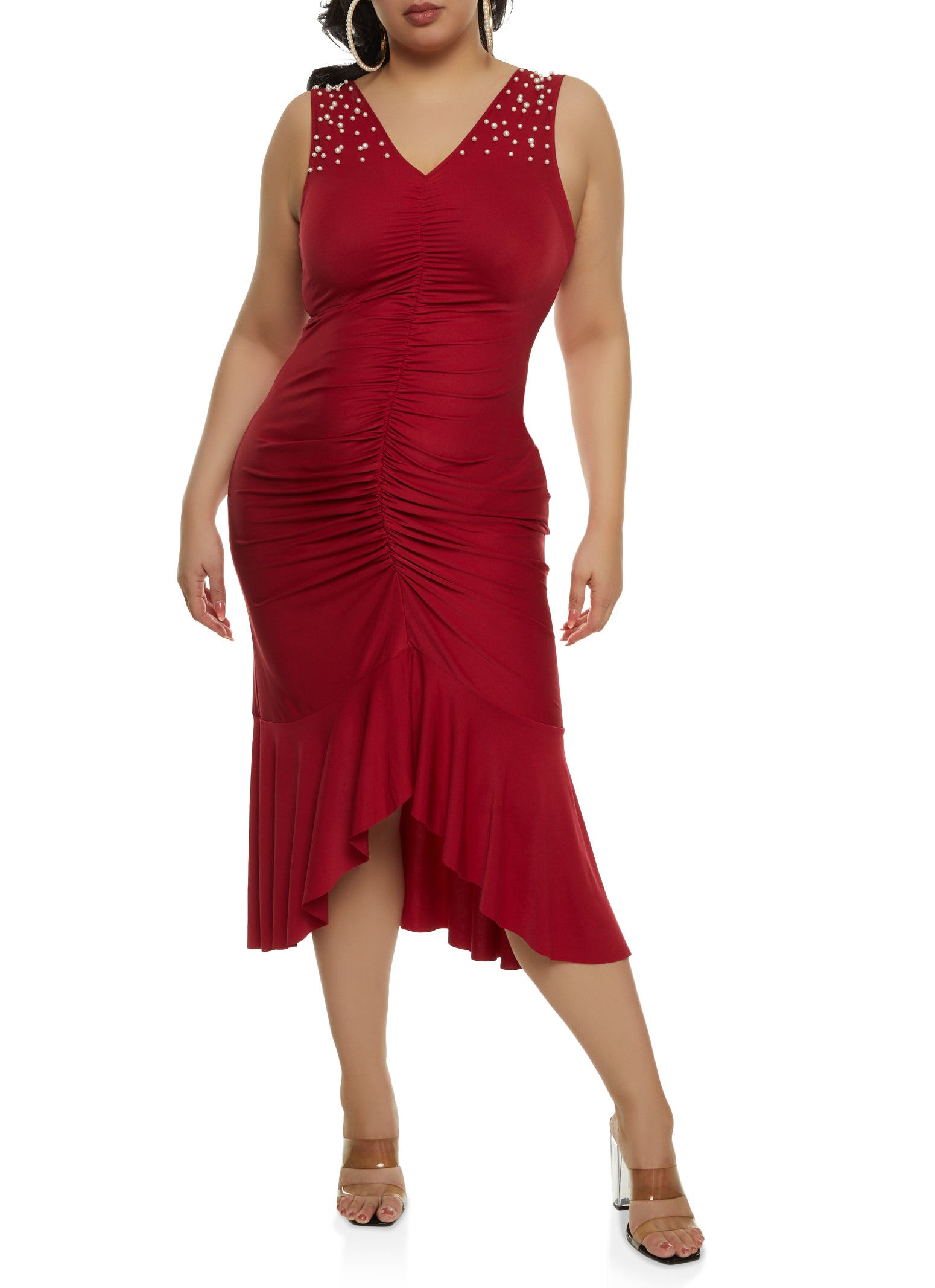 Plus Size Faux Pearl Detail Ruched Front Mermaid Hem Dress、mySite、camillekostekn