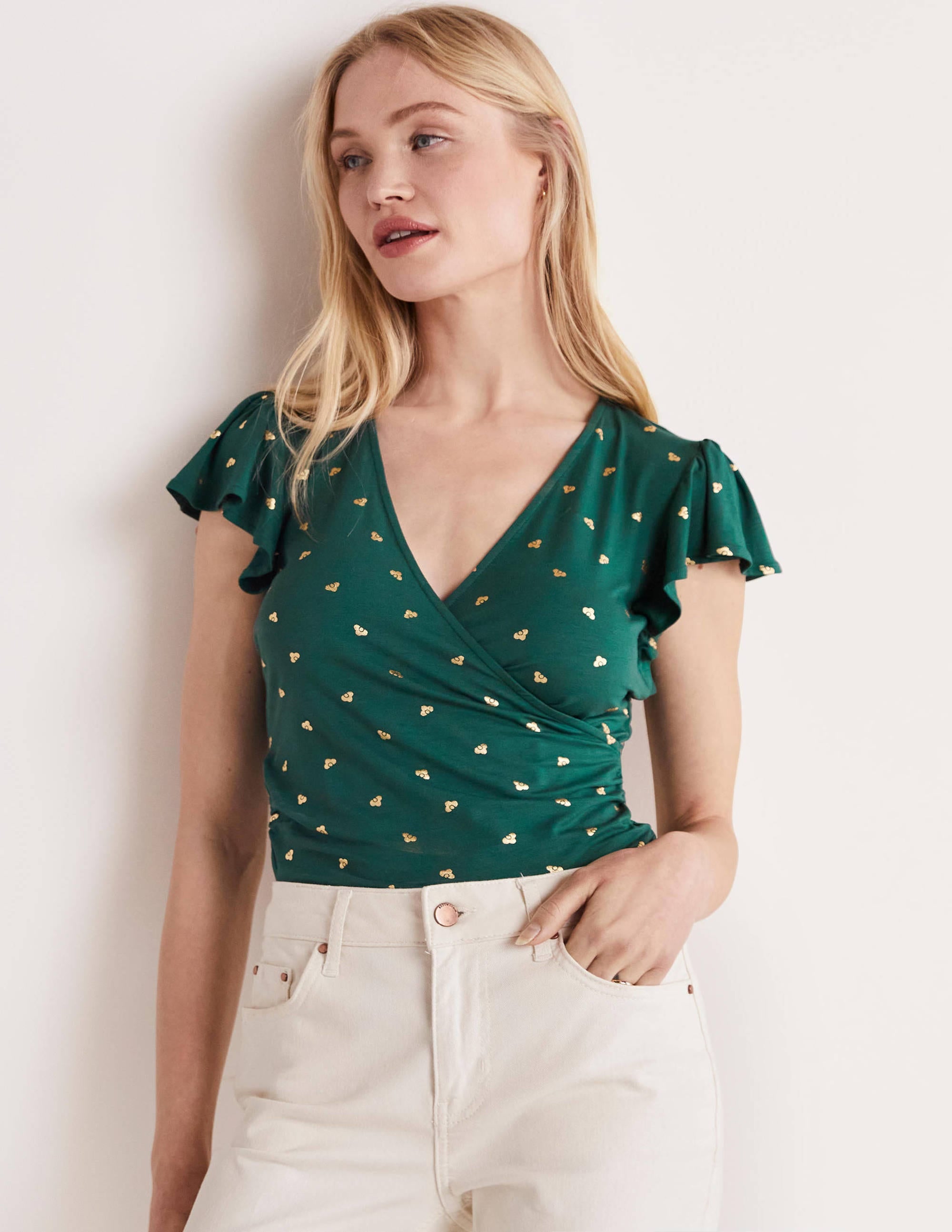 Flutter Sleeve Wrap Top-Trekking Green, Spaced Bud、mySite、ashleygrahame