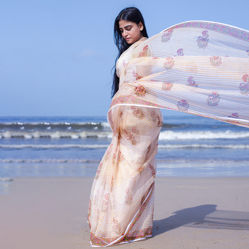 Kota Handblock Printed Saree | Mogra | White & Orange、mySite、camillekostekn