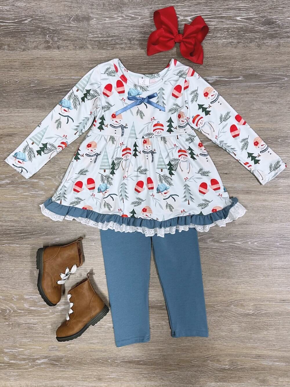 Snow Day Winter Blue Ruffle Girls Tunic & Leggings Outfit、mySite、camillekostekn