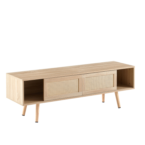 41.34" Rattan Coffee table, sliding door for storage, solid wood legs, Modern table for living room , natural、、casual