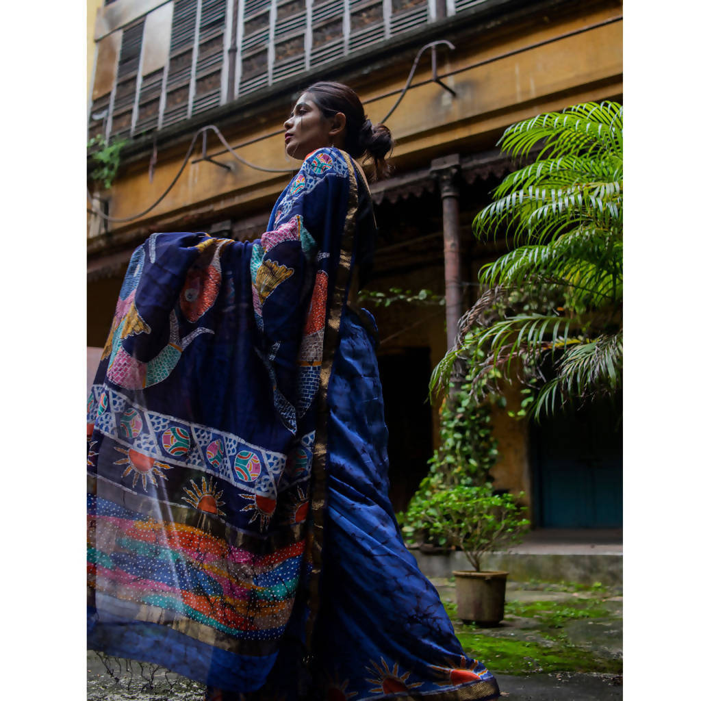 Festive Wear | Maheshwari Cotton Silk Batik Saree | Dark Blue、mySite、camillekostekn