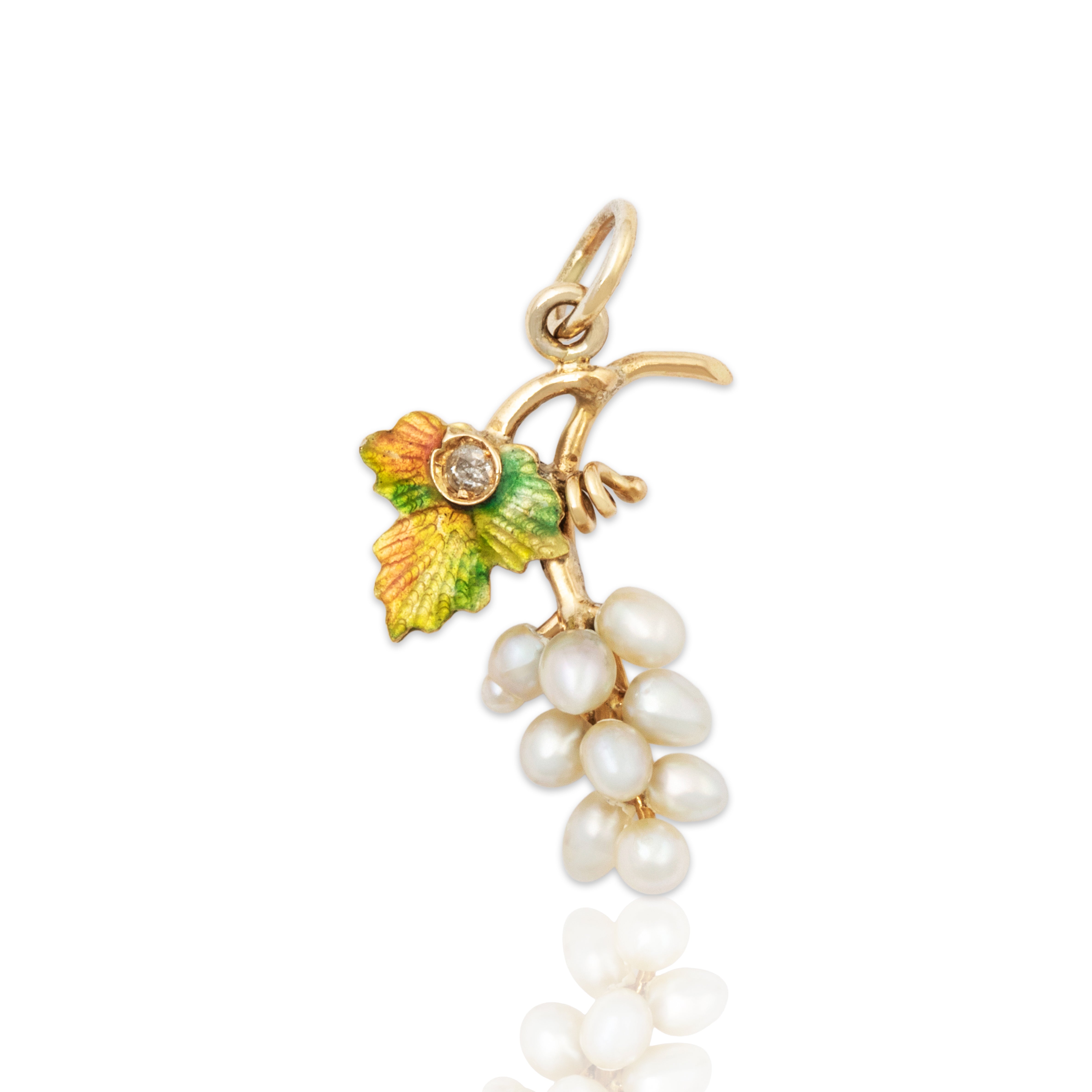 Antique 18k Yellow Gold Pearl Diamond Enamel Leafy Grape Cluster Charm / Pendant、mySite、hinf8tx79