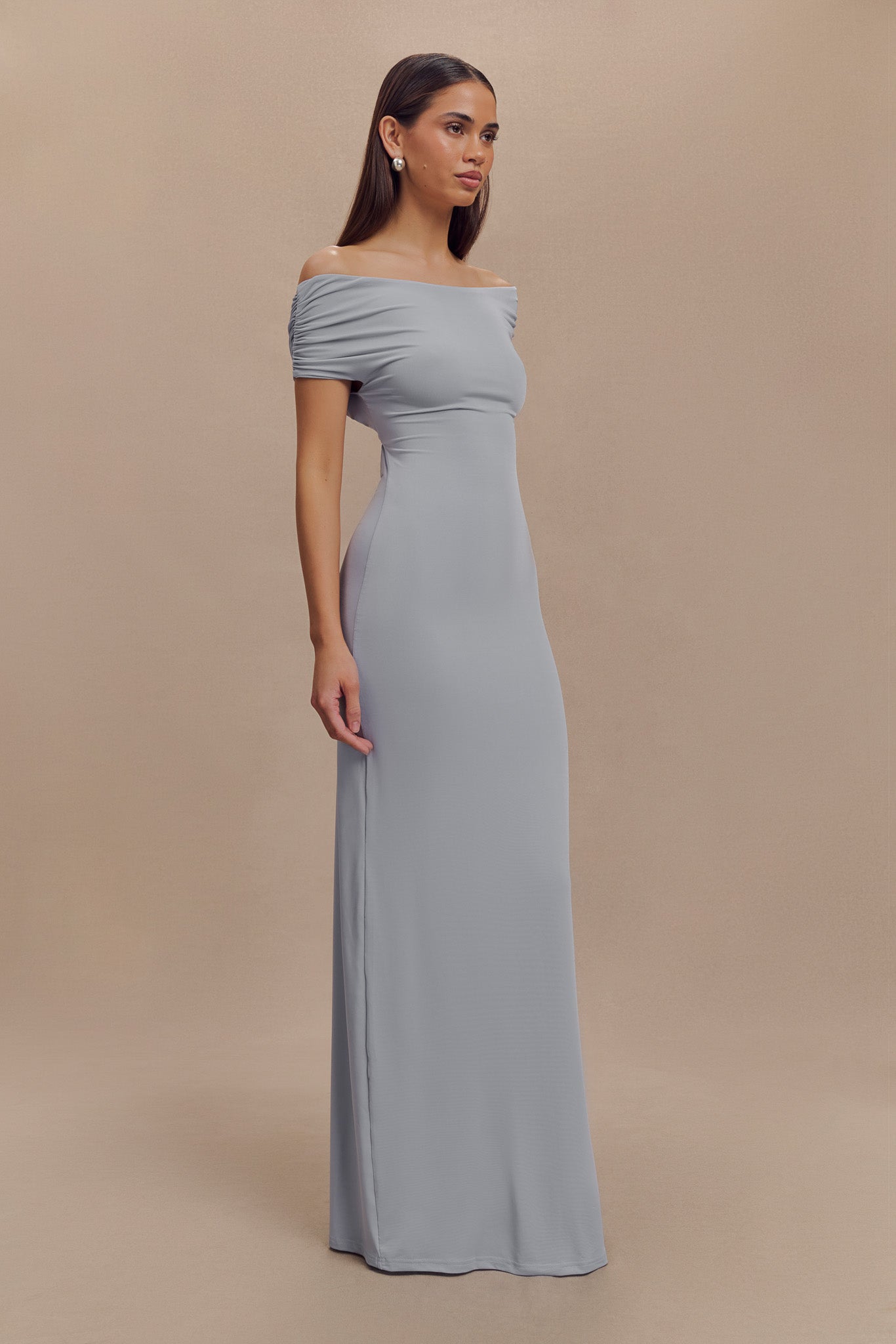 Imogen Off Shoulder Slinky Maxi Dress - Dusty Blue、mySite、solidvoid