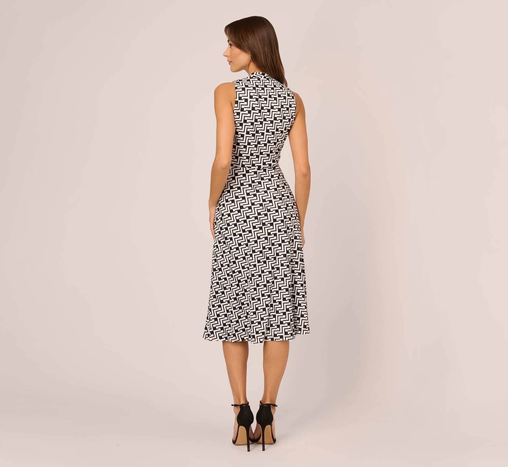 Sleeveless Geo Print Midi Dress With Knotted Detail In Black White、mySite、solidvoid