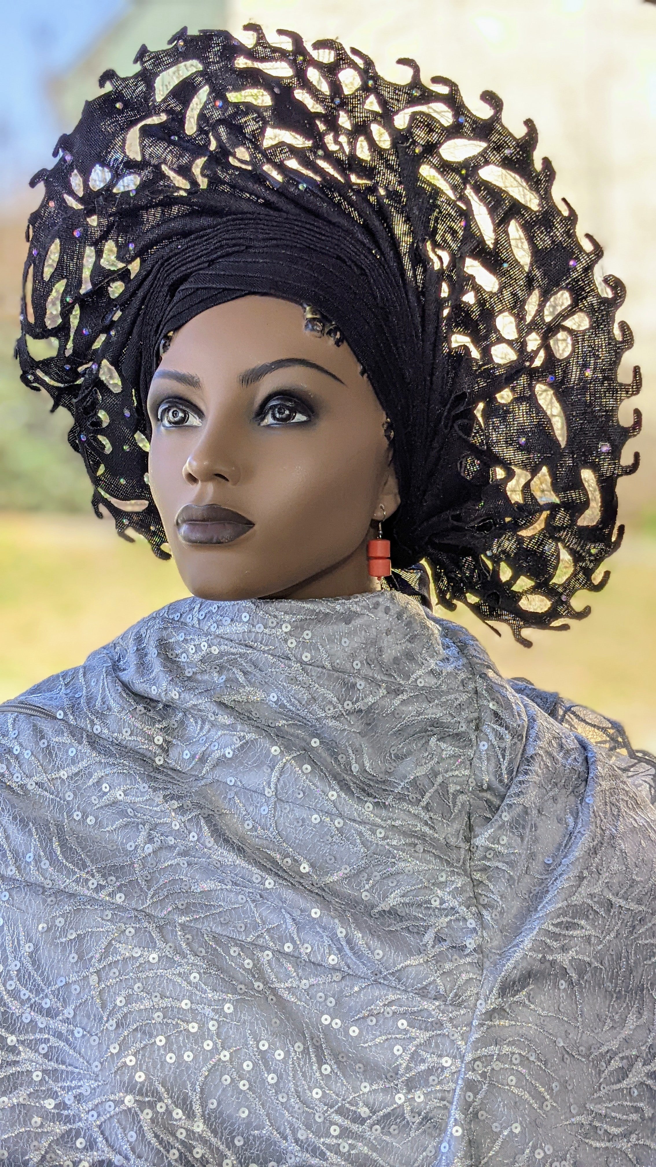 Tejulola Black African Lazercut Aso Oke Lazercut Autogele Ready Gele Head wrap - DPAAG08、mySite、solidvoid
