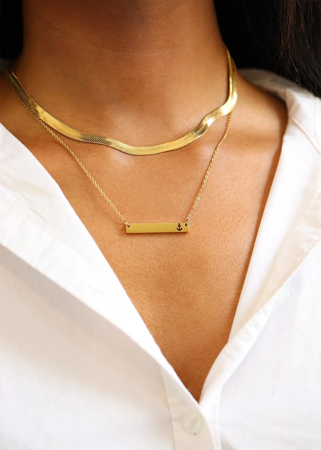 18K Gold PVD Stainless Steel Anchor Cutout Horizontal Blank Bar Necklace / SBB0157、mySite、dreamappss