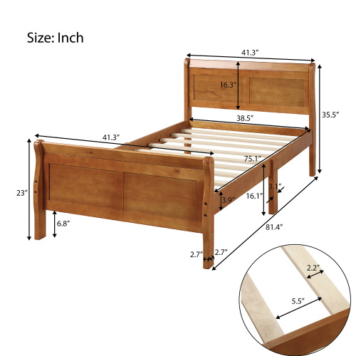 Wood Platform Bed Twin Bed Frame Mattress Foundation Sleigh Bed with Headboard/Footboard/Wood Slat Support、、casual