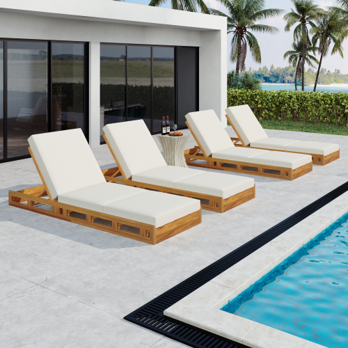 LOUNGE CHAISE SET, ACACIA WOOD WITH WATER-RESISTANT LOUNGE CUSHIONS (CREAM & 4 INCH THICK) - MATCHING DARK GREY VERSION AVAILABLE、、eastwooduniform