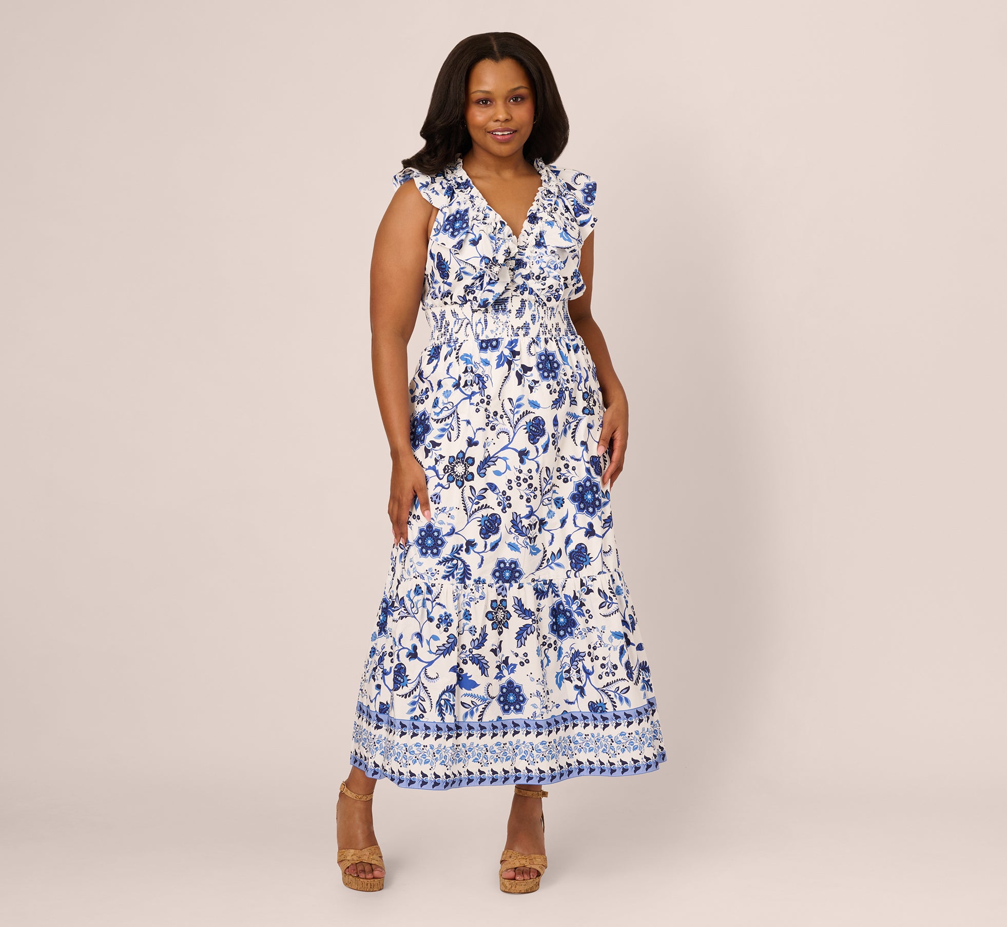 Plus Size Sleeveless Ruffle Collar Printed Midi Dress In White Blue Multi、mySite、solidvoid
