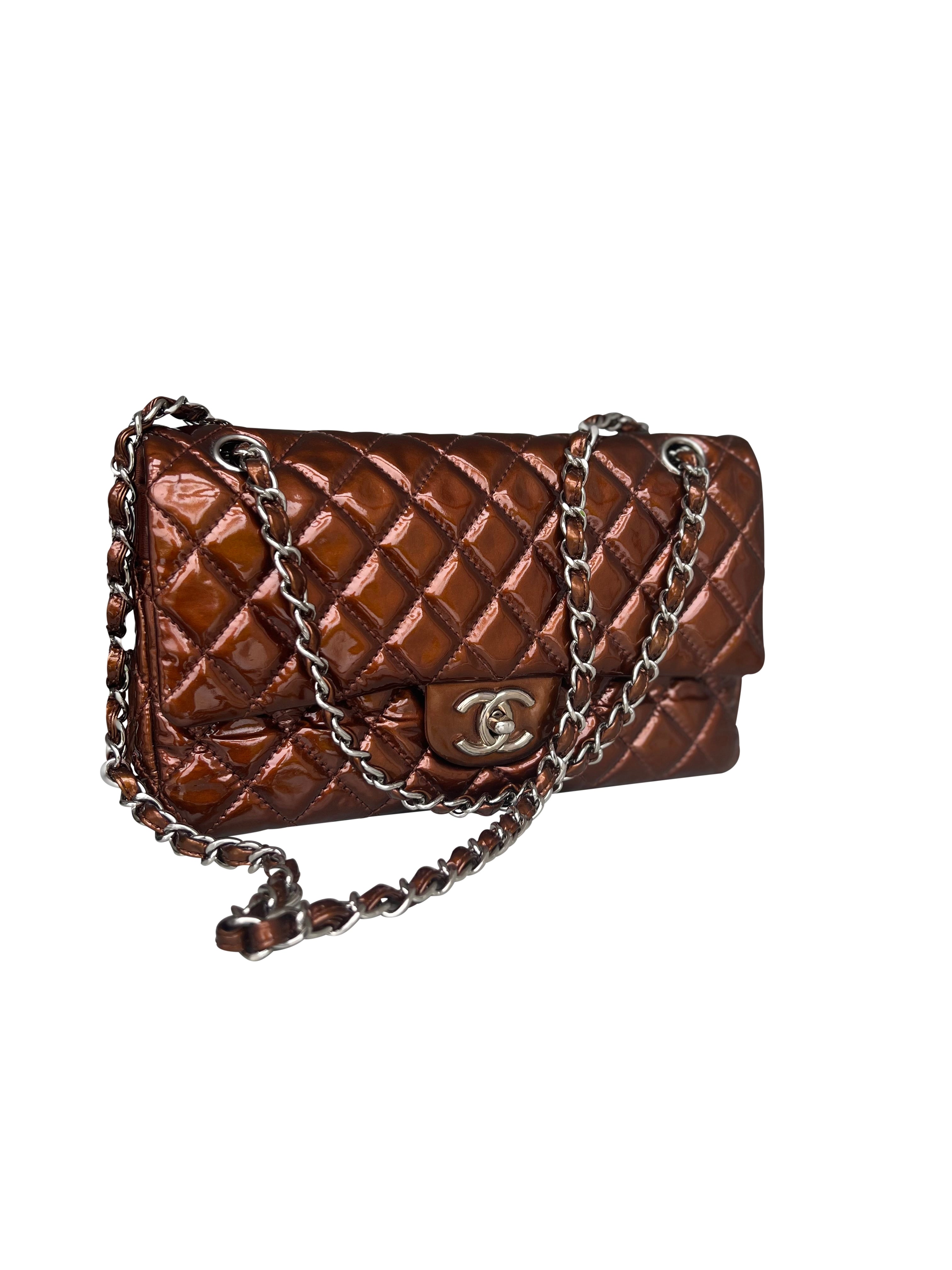 Chanel Medium Double Flap Bag Metallic Patent Leather Bronze、mySite、garminoutage.com