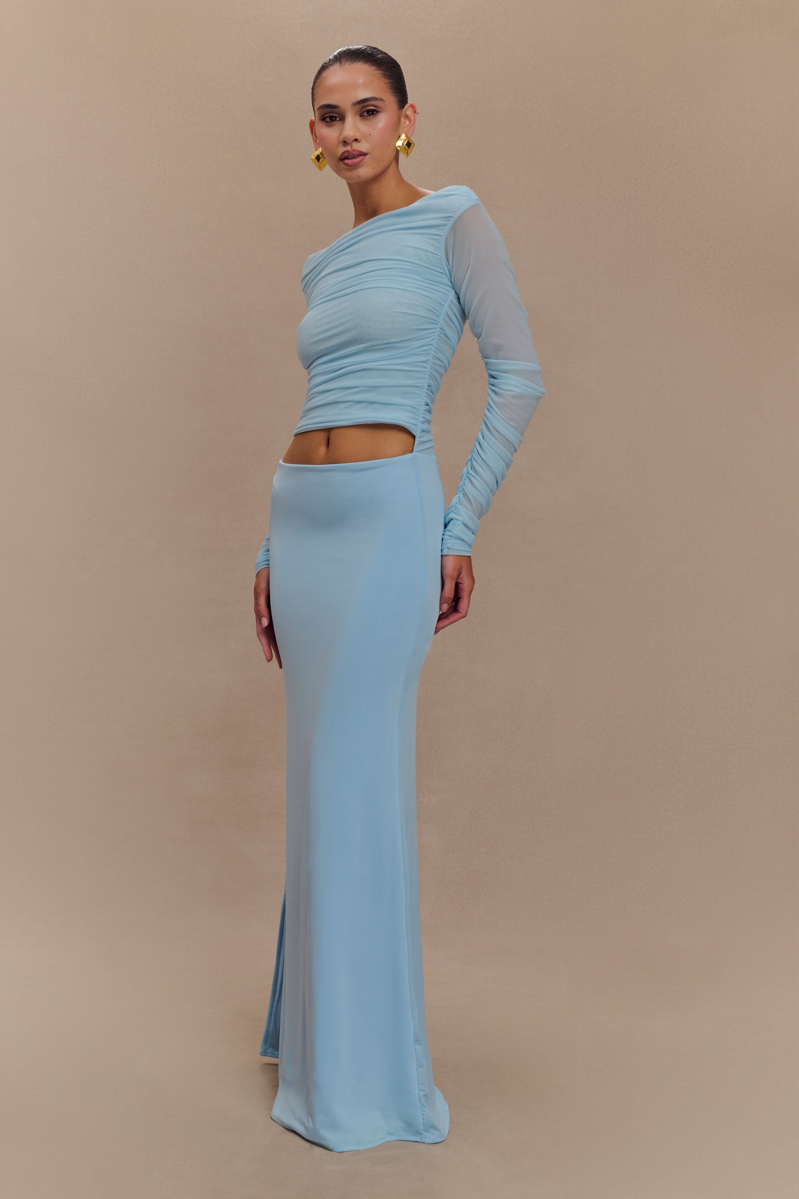 Darla Mesh And Slinky Off Shoulder Maxi Dress - Sky Blue、mySite、solidvoid