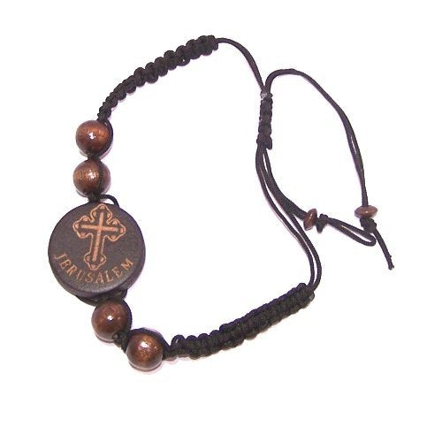  Threaded wooden beads bracelet with Jerusalem and Cross - Adjustable ( fits all ) - Brown or Black Cord、mySite、elrpsem3k