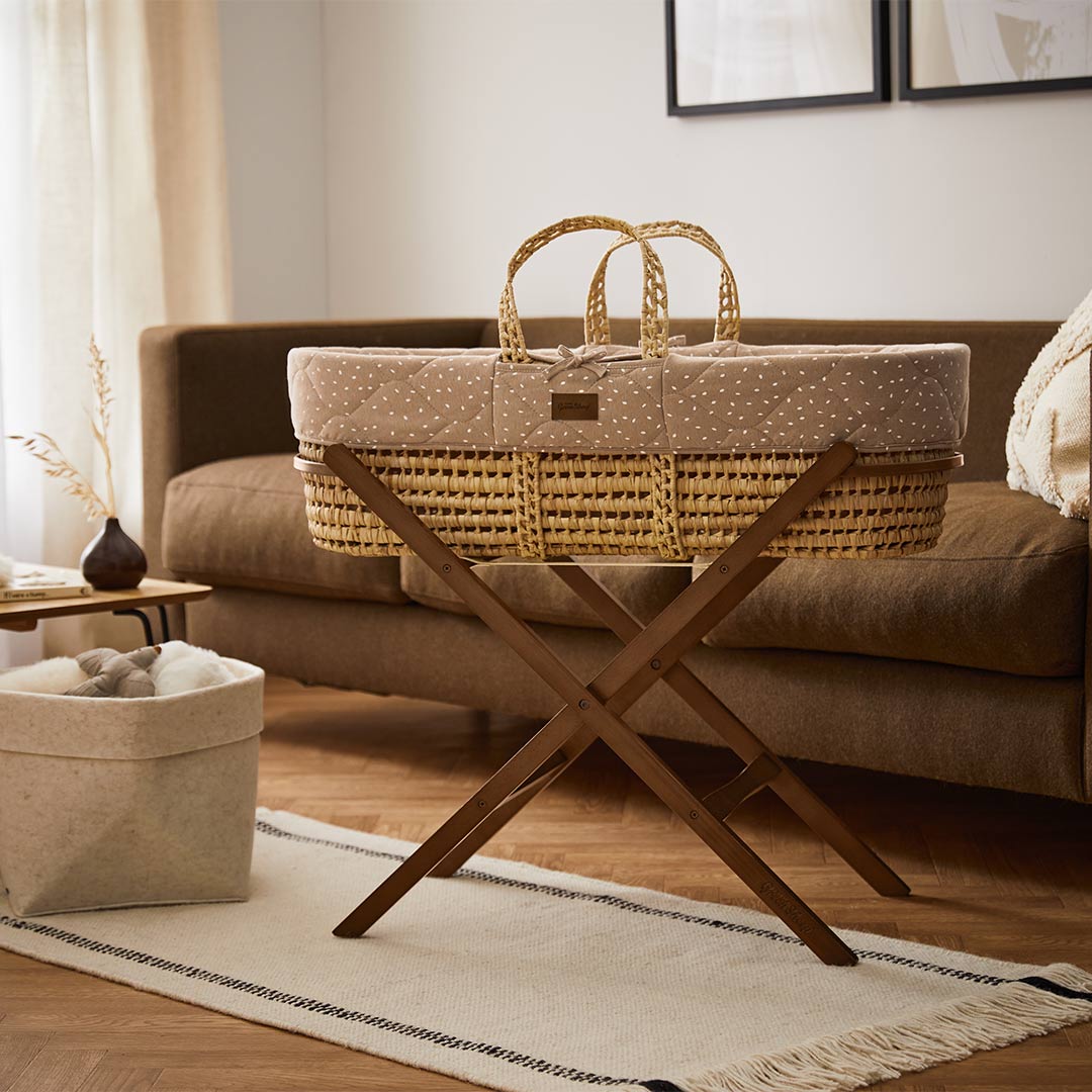  The Little Green Sheep Quilted Moses Basket and Foldable Stand Bundle - Truffle Rice / Walnut、mySite、merchandisen