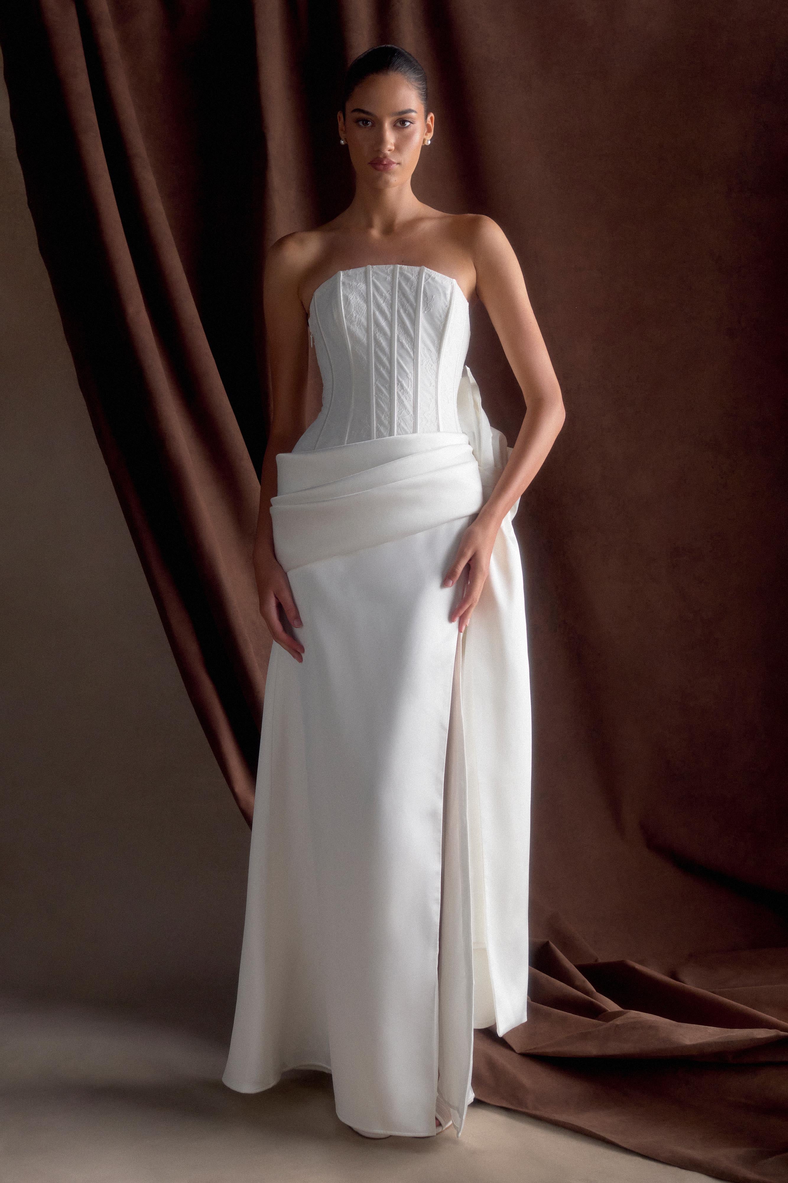 Galia Satin Corset Gown - White、mySite、solidvoid