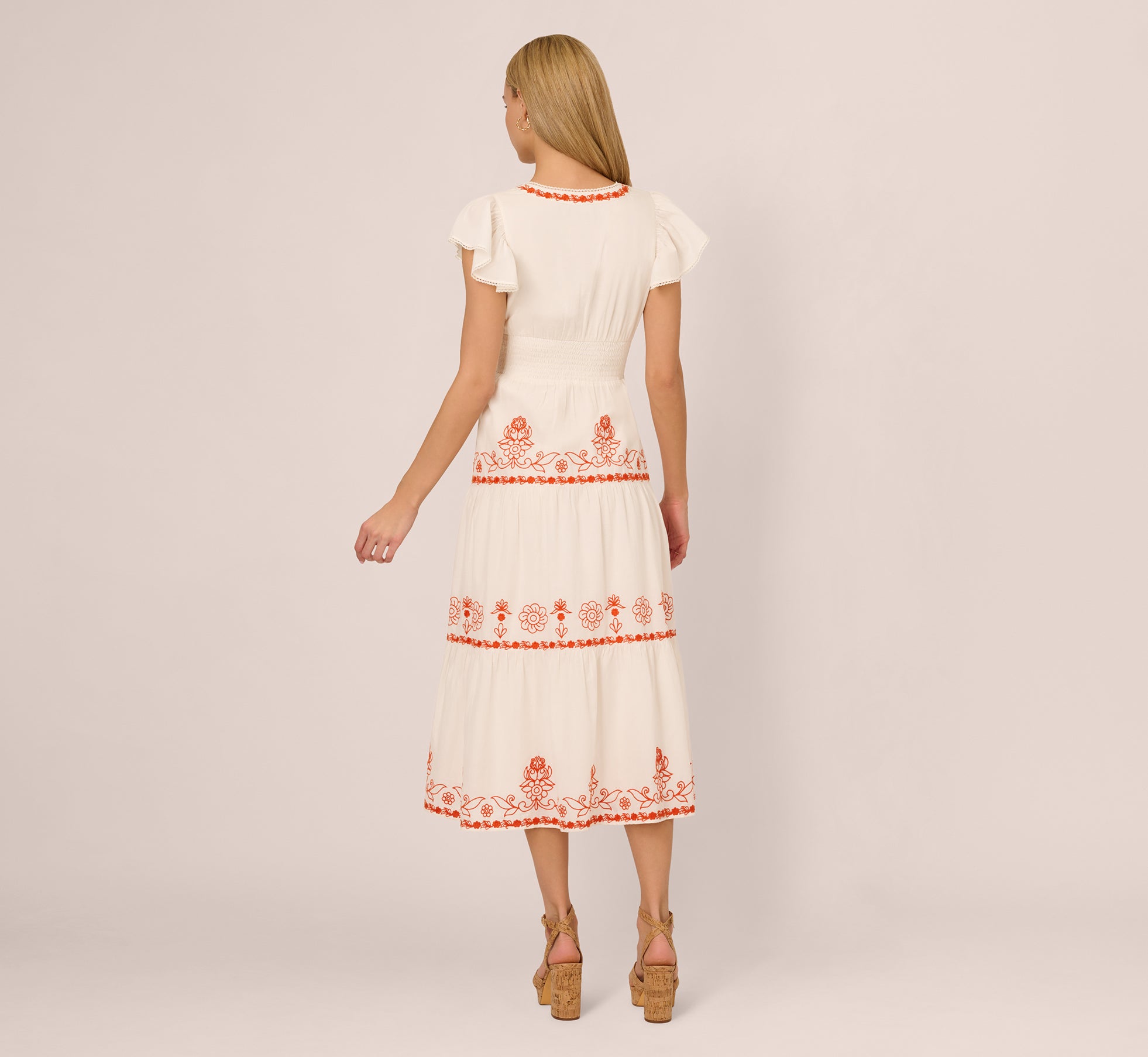 Embroidered Flutter Sleeve Tiered Midi Dress In Ivory Red Multi、mySite、solidvoid