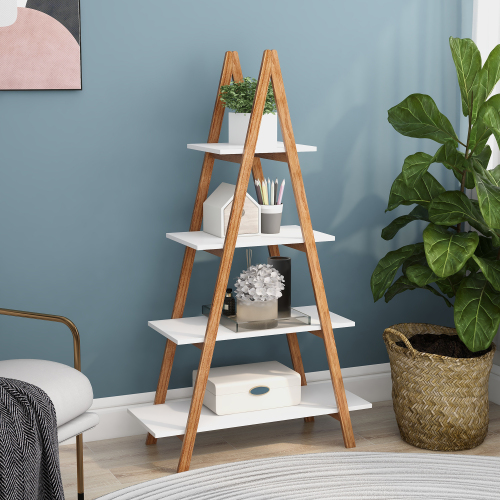 Solid bamboo wood oxford "A" frame ladder display bookshelf、、casual