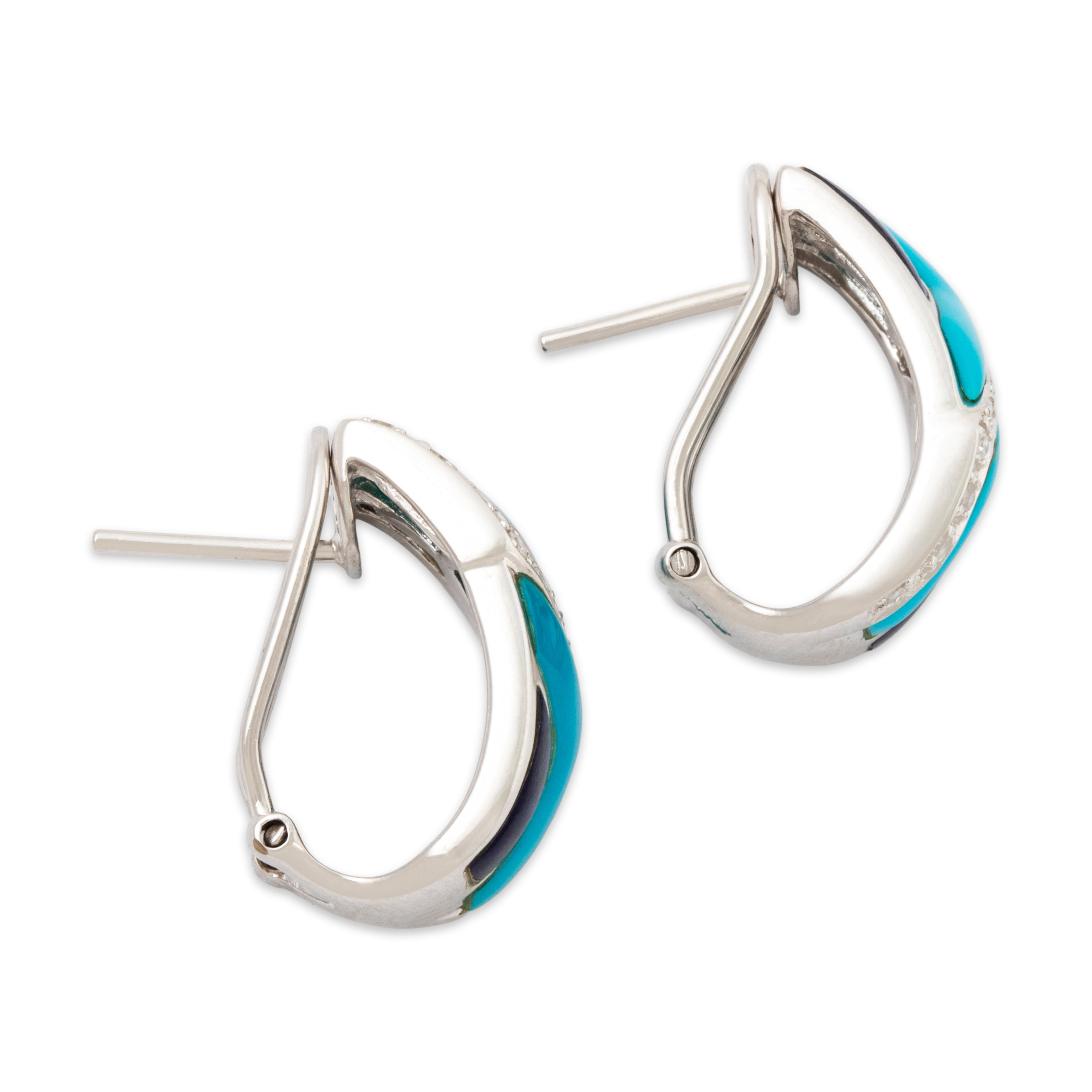 Vintage 14k White Gold Turquoise Lapis Lazuli .264cttw Diamond Inlay Earrings、mySite、hinf8tx79