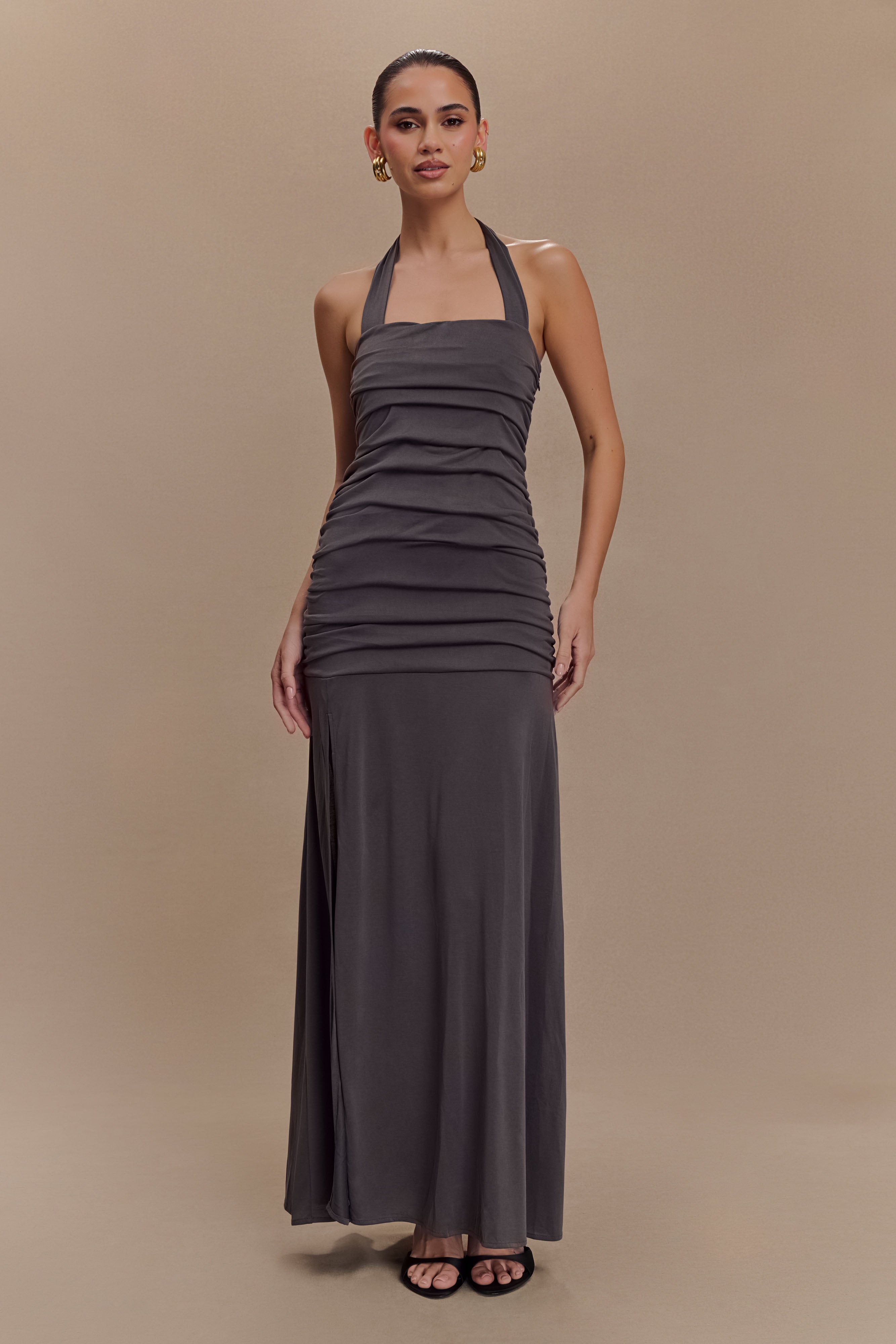 Bentley Peached Jersey Halter Maxi Dress - Charcoal、mySite、solidvoid