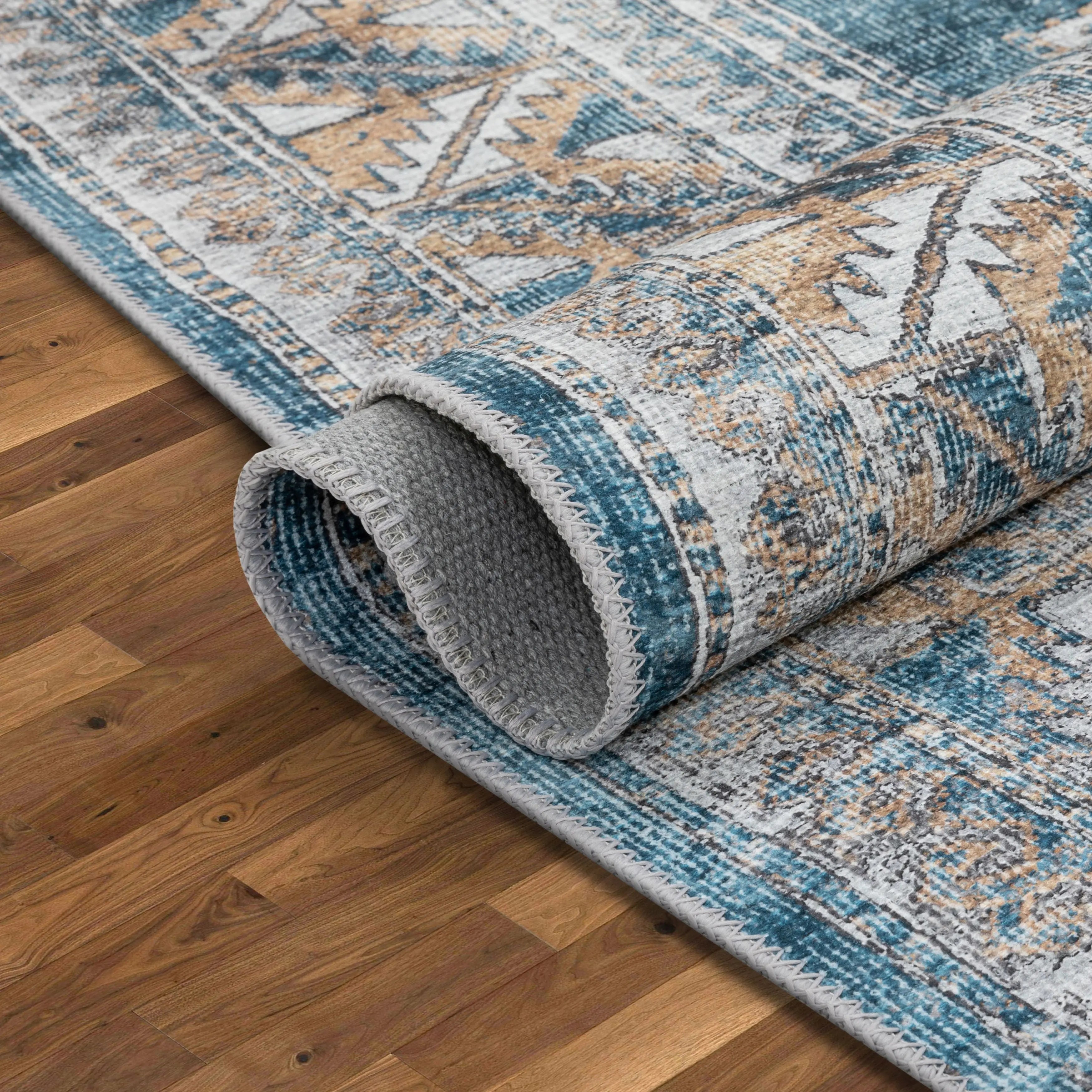 Habra Machine Washable Vintage Medallion Oriental Light Blue Flat-Weave Distressed Rug、mySite、gigharbornorthrealestate