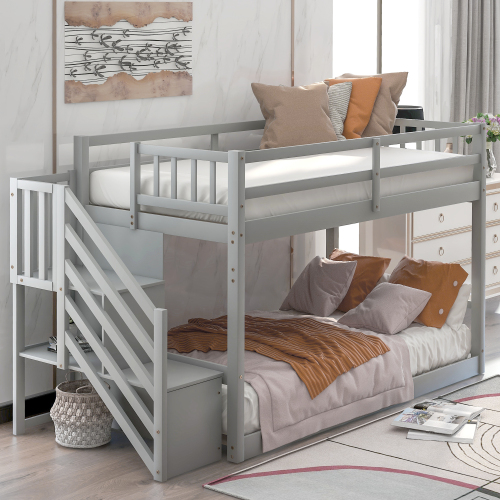 Twin over Twin Floor Bunk Bed, Ladder with Storage, Gray、、casual
