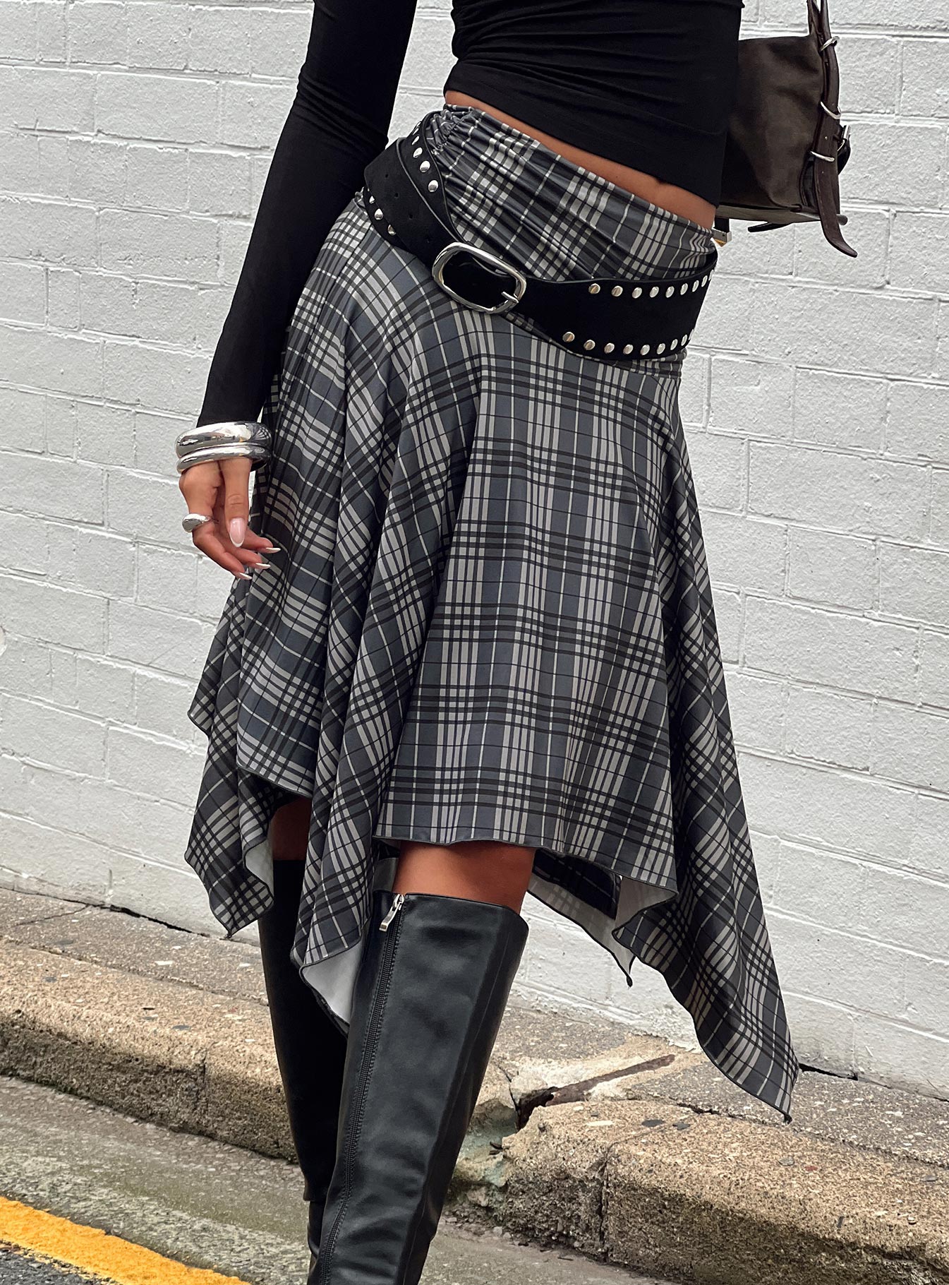 Scholar Asymmetrical Midi Skirt Grey Check、mySite、solidvoid
