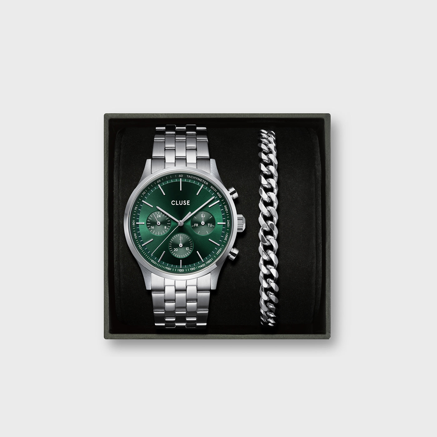 Gift Box Anthéor Multifunction Watch Steel, Green & Cuban Chain Bracelet, Silver Colour、mySite、botmansion