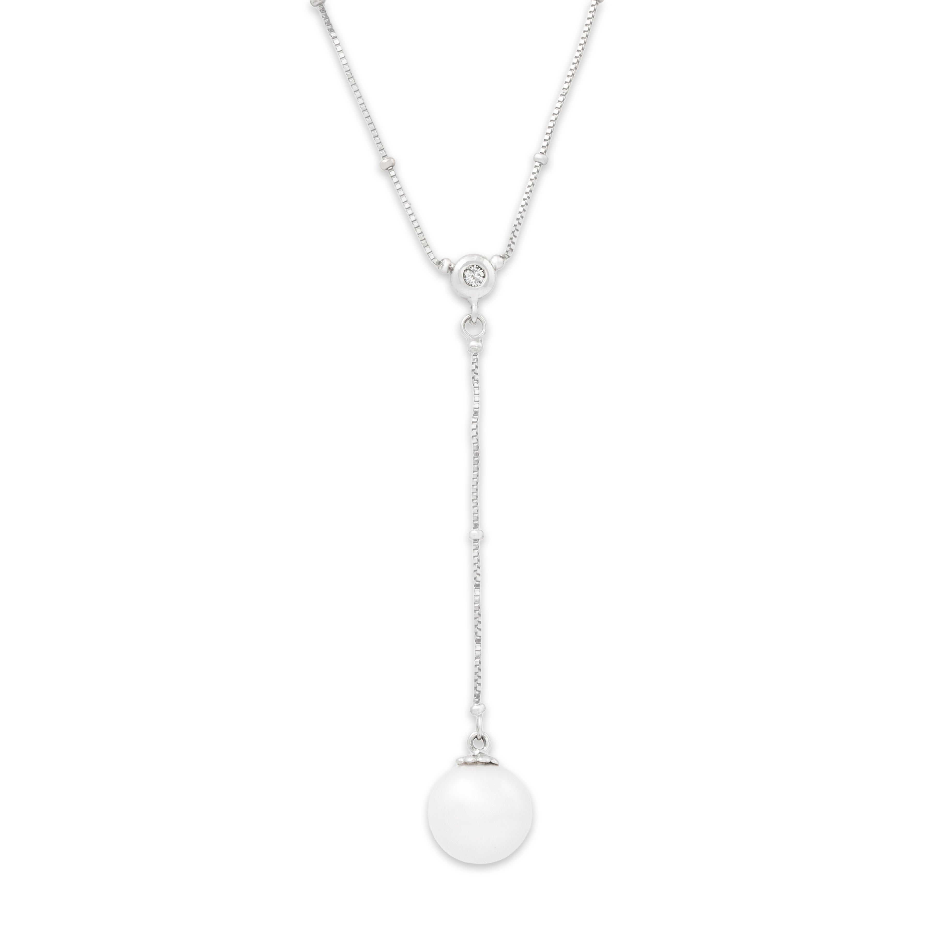 Vintage 14k White Gold Pearl Diamond Elegant Box Chain Drop Necklace 17、mySite、hinf8tx79