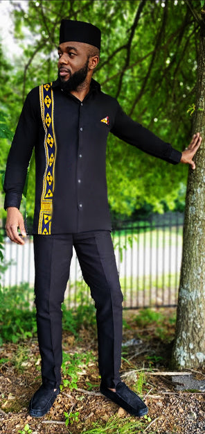 Zikomo Black Shirt with African Print Trim-DP2687M4、mySite、solidvoid