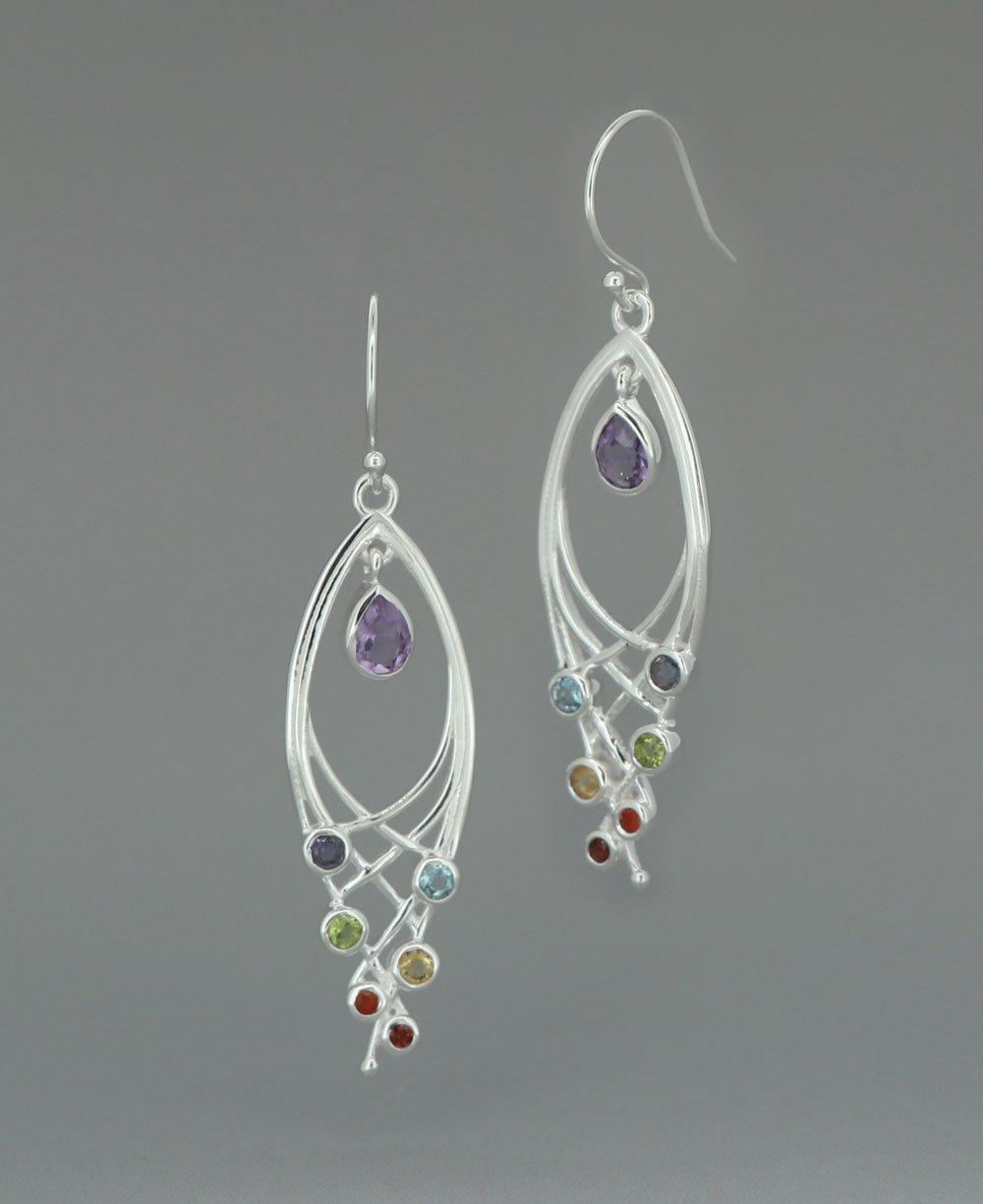 Premium Leaf Shaped Sterling Silver Chakra Gemstone Dangle Earrings、mySite、topwebapps