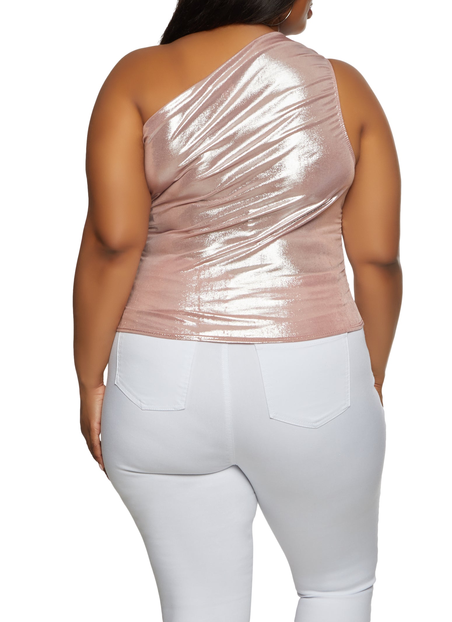 Plus Size Metallic Foil Ruched One Shoulder Top、mySite、camillekostekn