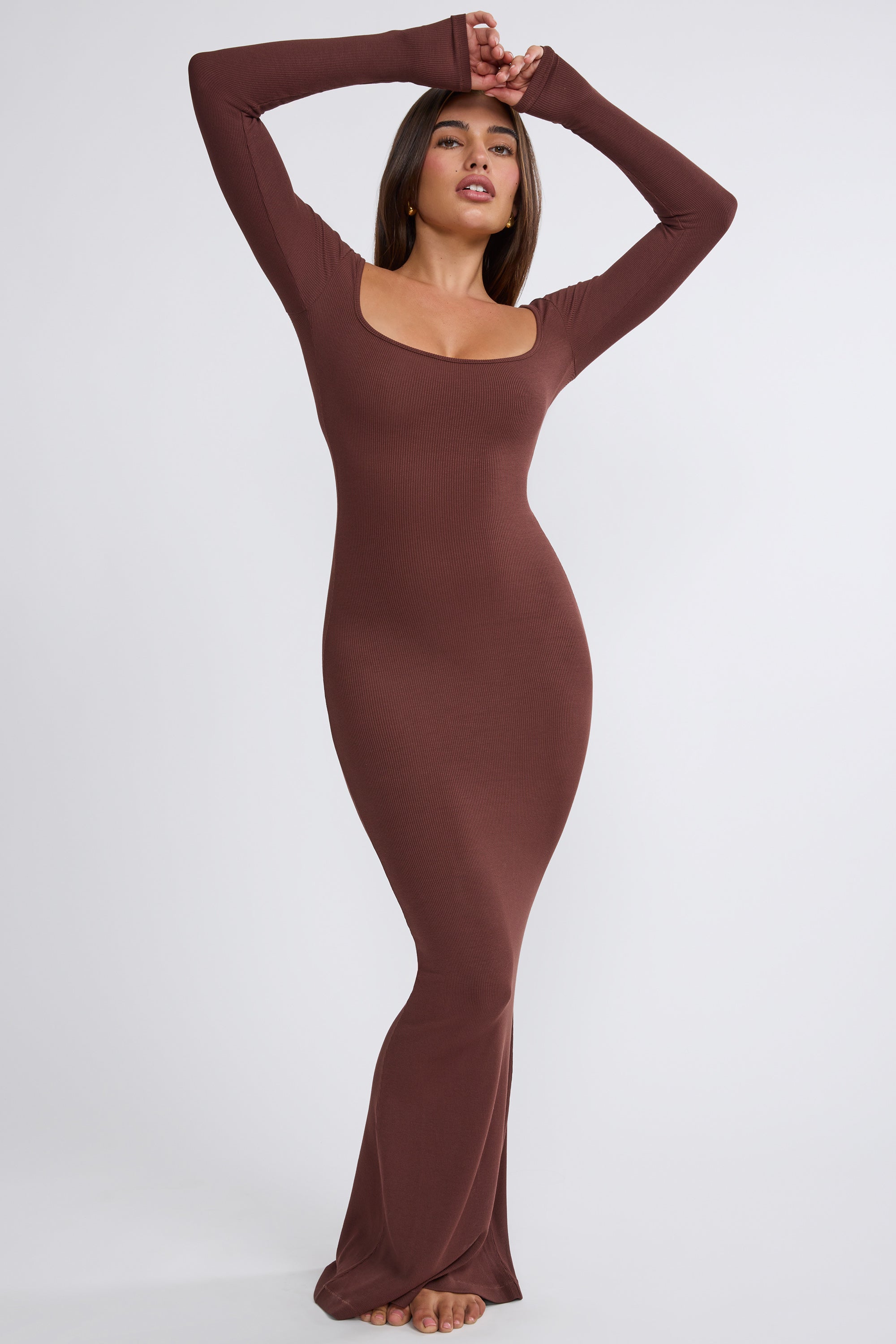 Ribbed Modal Long Sleeve Maxi Dress in Chocolate、mySite、solidvoid