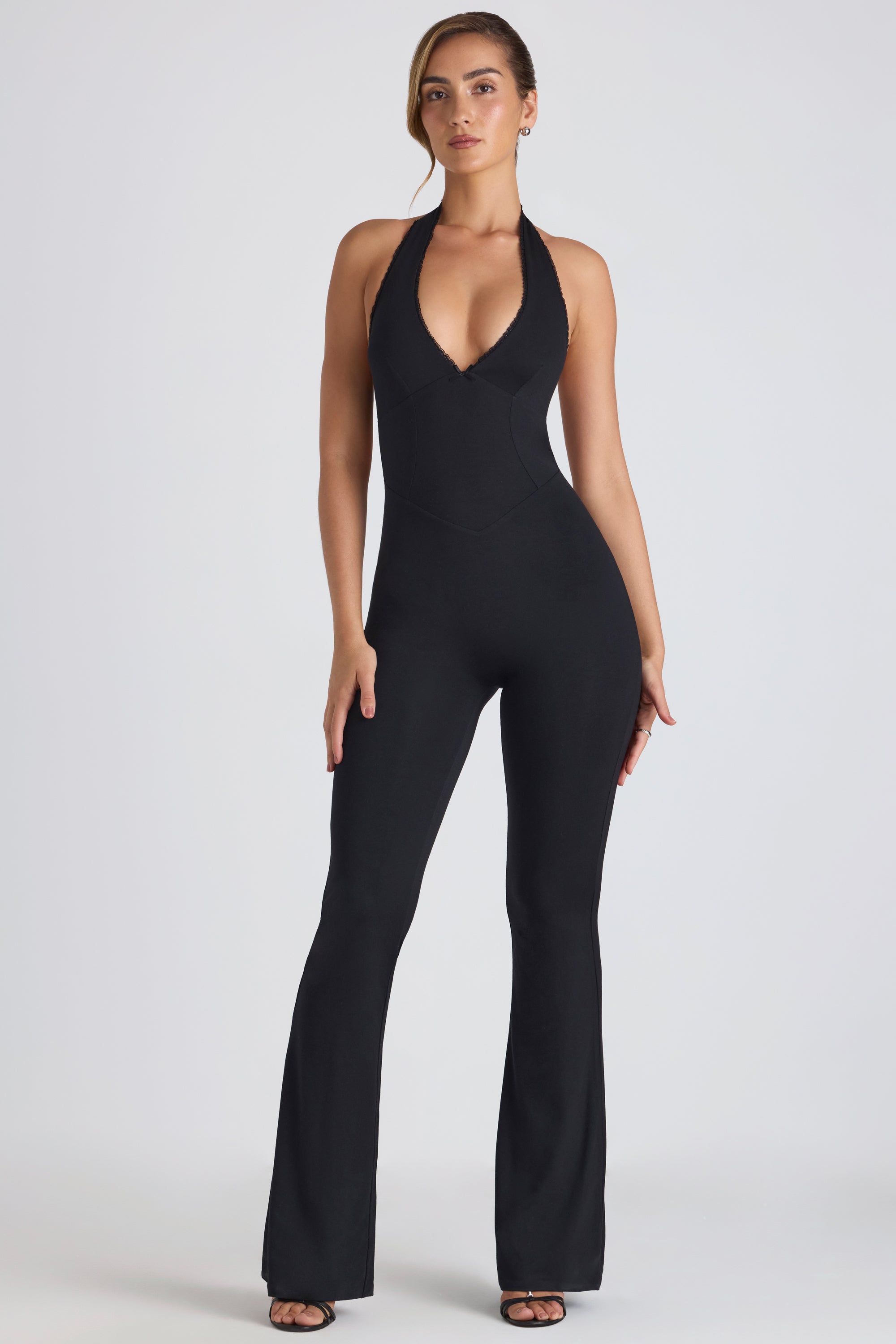 Modal Lace-Trim Cut-Out Flared Jumpsuit in Black、mySite、solidvoid