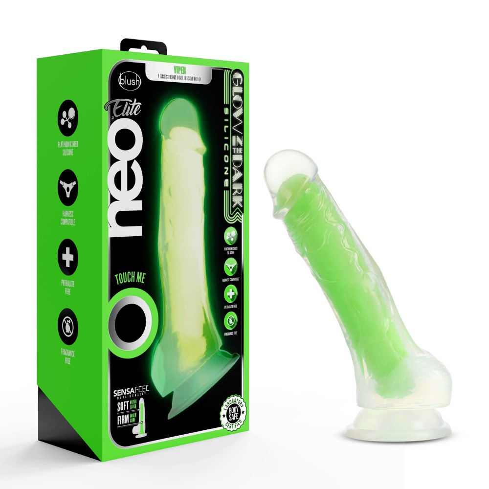 Neo Elite By Blush® | Glow In The Dark Neon Green: 7.5-Inch Long Dildo - Made with Purio™ Silicone & SensaFeel® Dual Density Realistic Technology、mySite、bottomscart