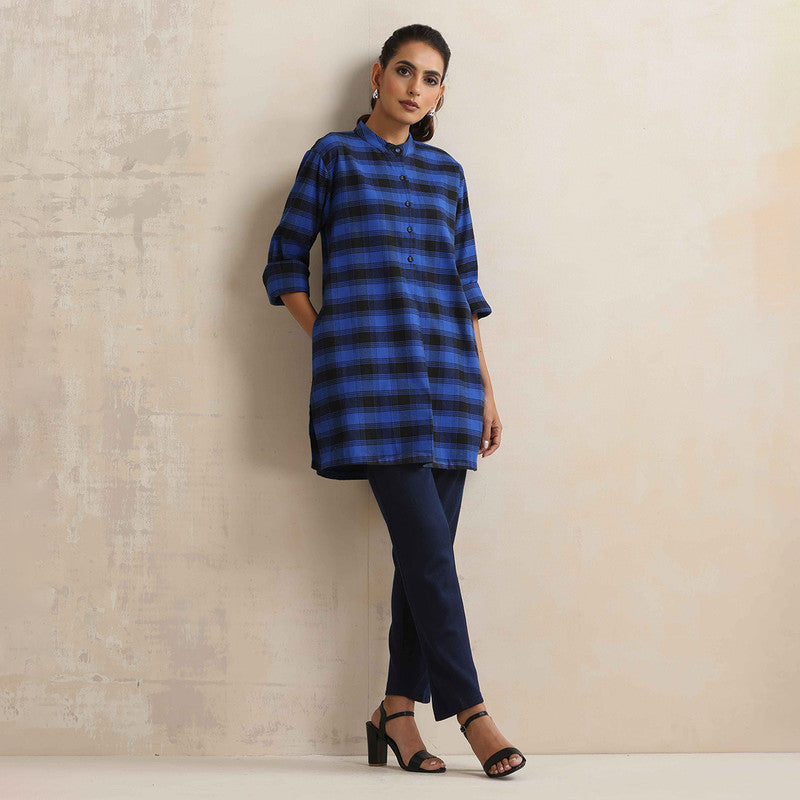 Cotton Short Kurta For Women | Mandarin Collar | Checkered Print | Blue、mySite、camillekostekn